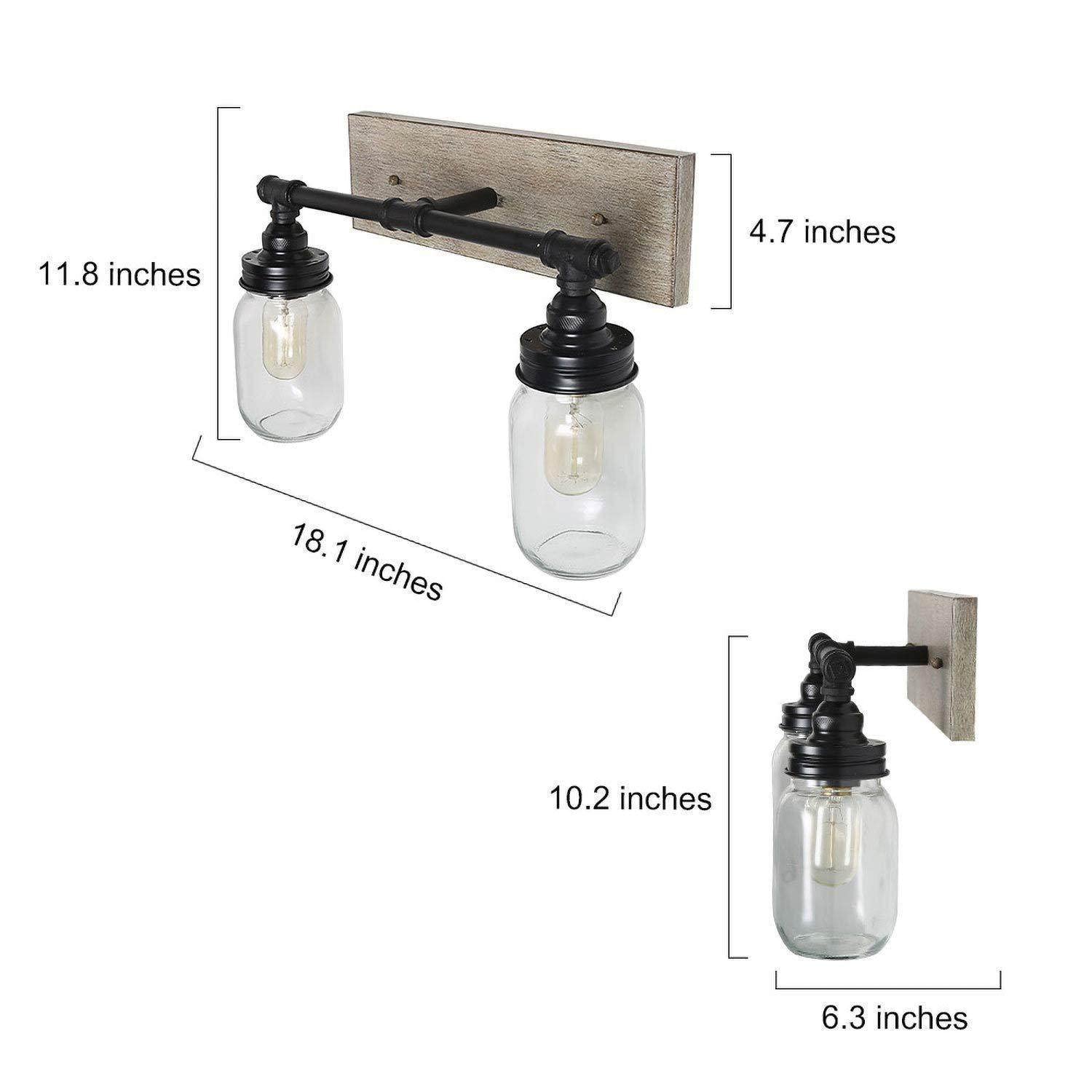 LALUZ Farmhouse Vanity Light Fixture with Mason Jar Shades - 2 Light Faux Wood Bathroom Sconce, Black Finish - Perfect for Rustic Bathroom, Bedroom, or Entryway Lighting