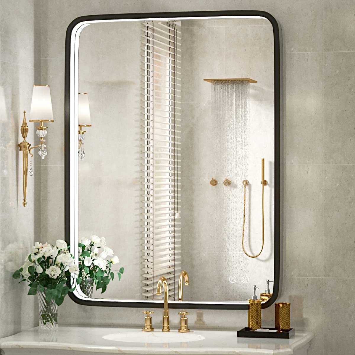 36x28 Inch LED Bathroom Mirror with Light - Black Metal Frame Anti-Fog Vanity Mirror, Dimmable Touch Switch for Wall Mount (Horizontal/Vertical) | Perfect for Makeup, Shaving & Home Decor
