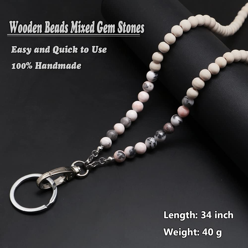 Wooden Beaded Lanyard for ID Badges & Keys - Pink Zebra Jasper - Office & Event Use