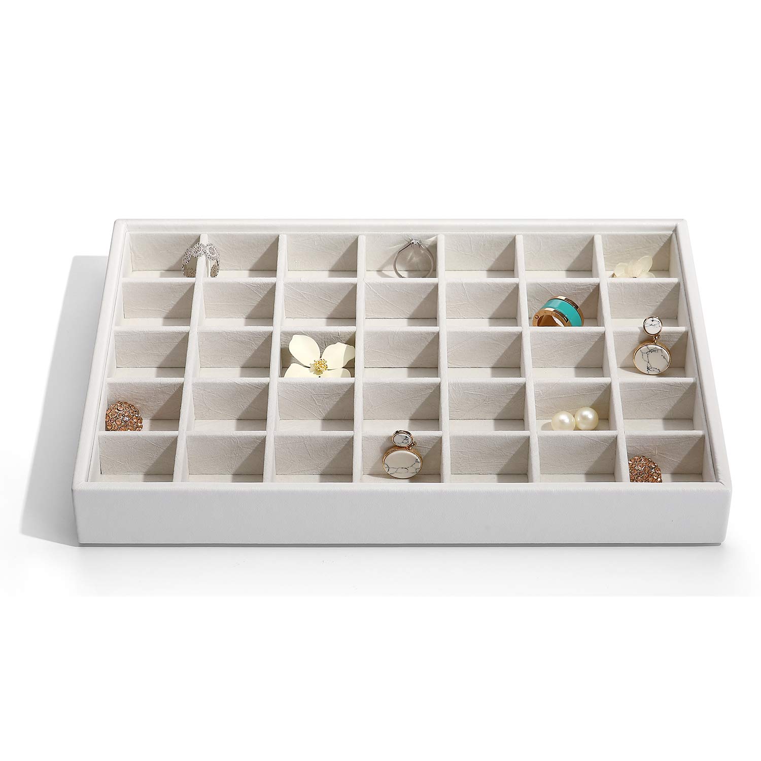 Vlando Jewelry Organizer Tray - 35 Grid Faux Leather Desktop Storage Box for Earrings, Necklaces, Bracelets & Rings | Multi-Purpose Jewelry Display & Organizer | Perfect for Bedroom, Bathroom, Dresser & Travel (White)