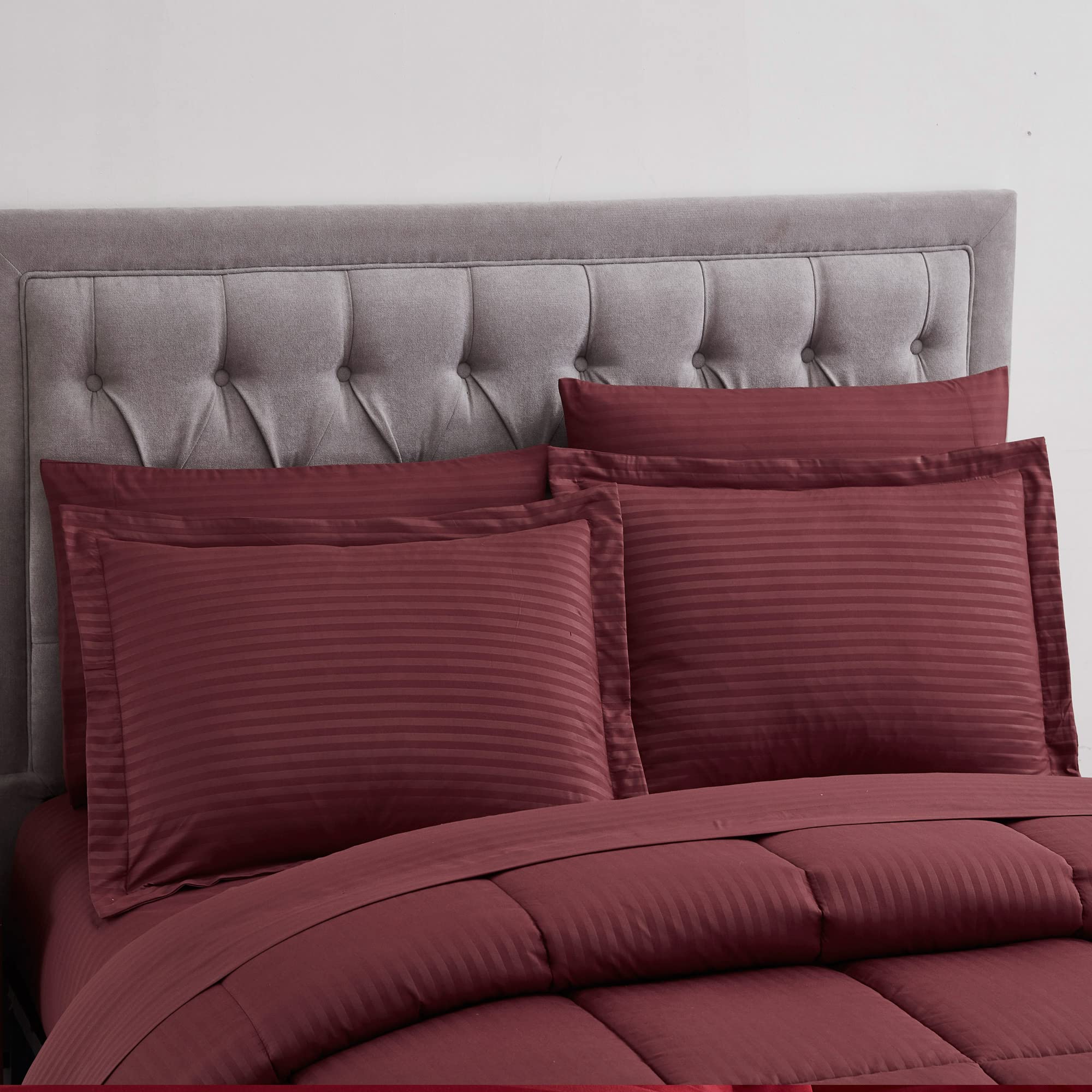 8-Piece Queen Comforter Set with Bed Skirt, Fitted Sheet, Flat Sheet & Pillowcases - Burgundy Dobby Weave Luxury Bedding for Master Bedroom & Guest Room Decor