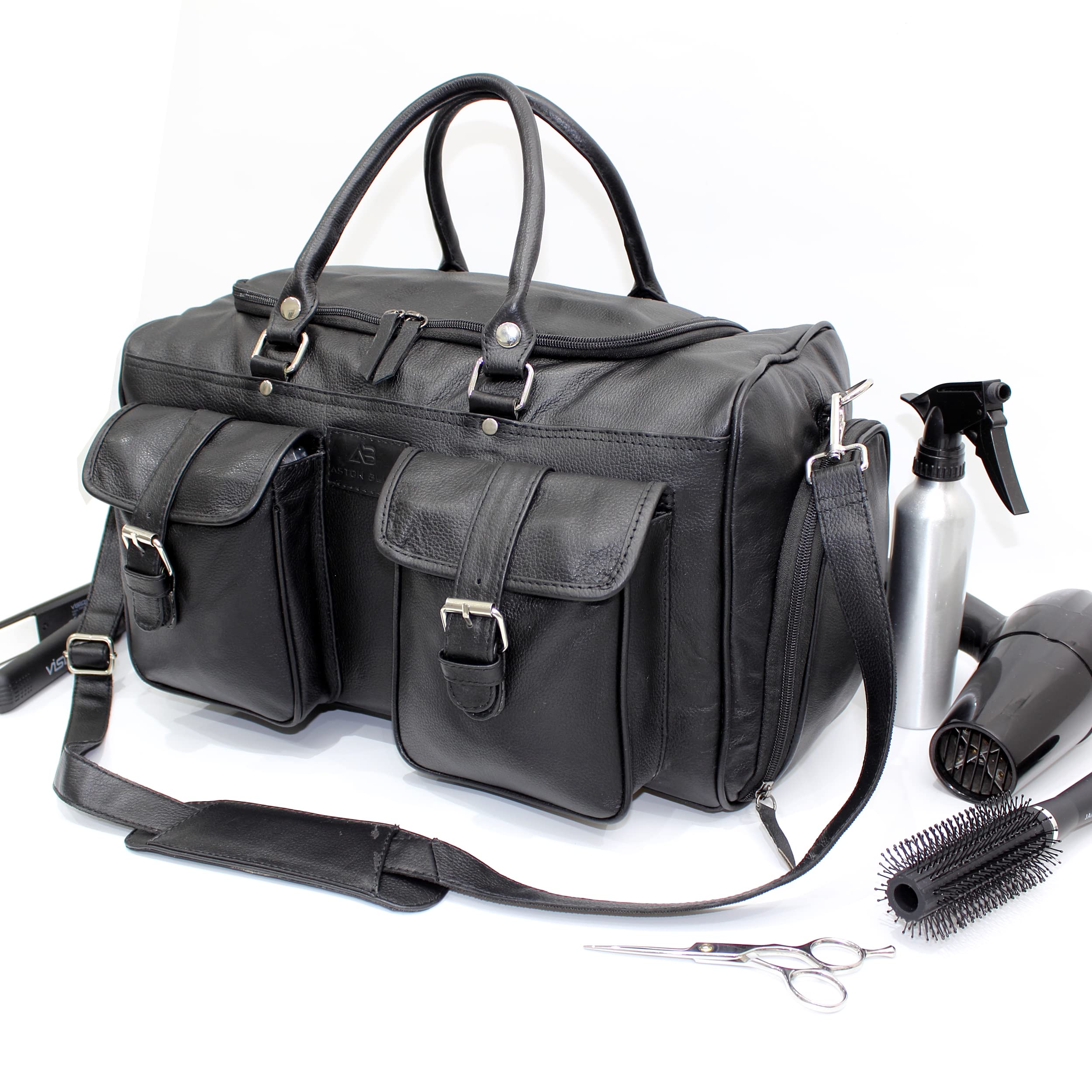 Professional Barber Leather Bag for Hair Stylists - Black Mobile Equipment Organizer - Perfect for Salon, Travel & On-the-Go Styling