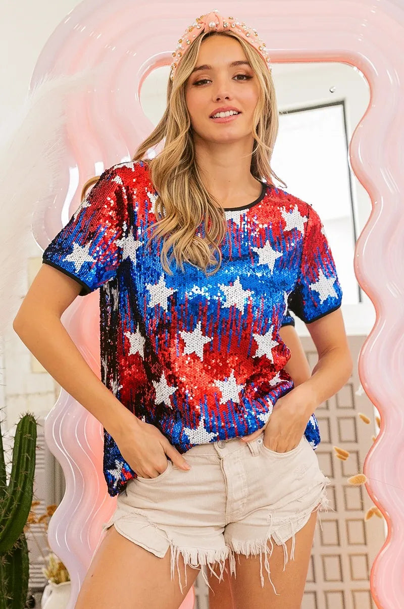 BiBi American Flag Star Sequin Top for Women | Patriotic Party Outfit | Perfect for 4th of July, Independence Day & Festive Celebrations