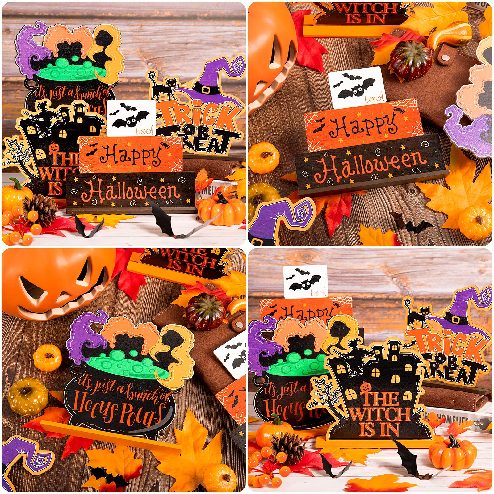 Whaline 4Pcs Halloween Wooden Table Centerpieces - Spooky Witch, Bat & Castle Decorations for Trick or Treat, Happy Halloween Party, Home, Office, Farmhouse & Fireplace - Perfect for Halloween Table Topper, Mantel Decor & Seasonal Party Decorations