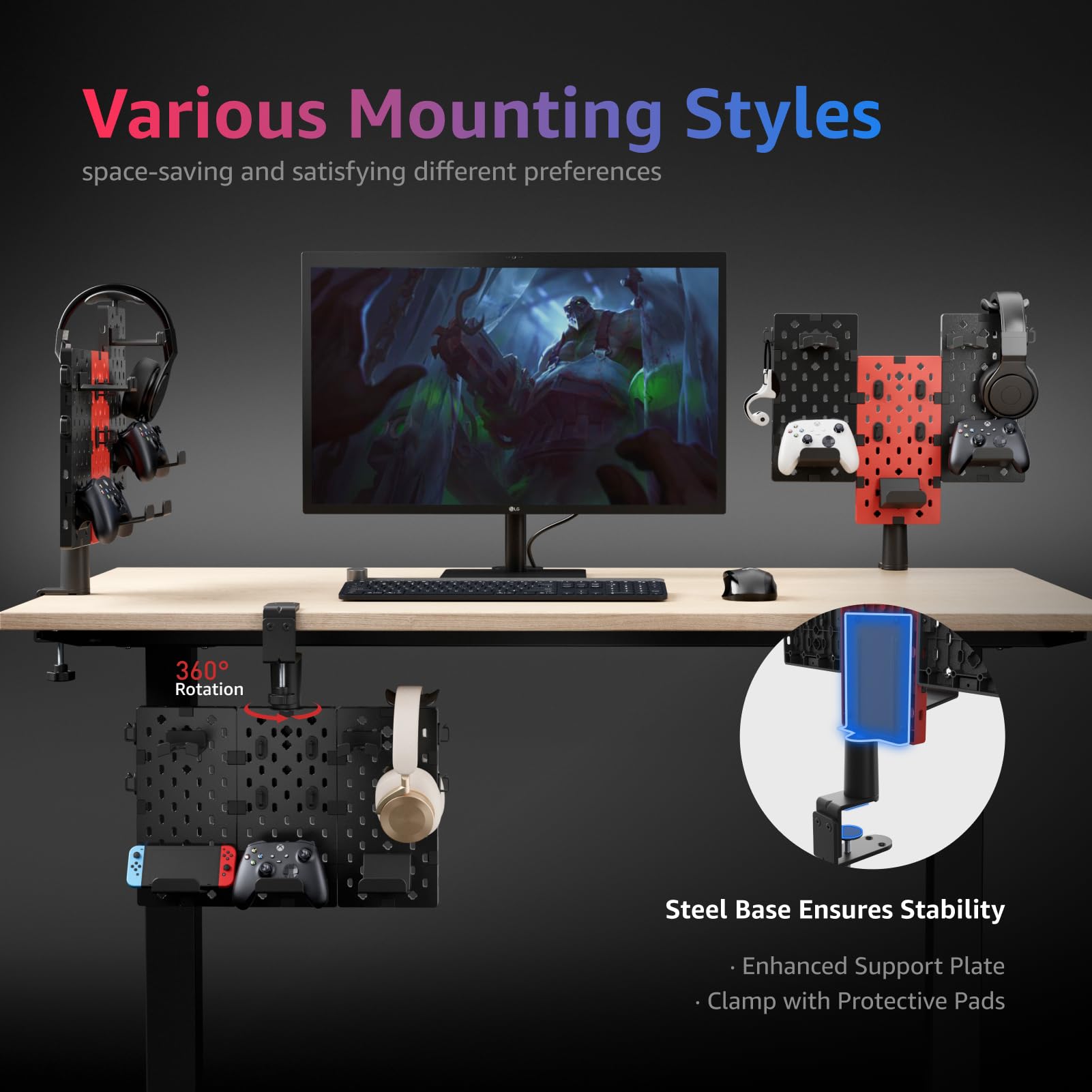 PEGZONE Modular Headphone & Controller Holder - Rotatable Gaming Stand with Cable Hooks for Xbox PS5 PS4 Nintendo Switch | Clamp-on Pegboard Organizer (3-Piece Set, Red) | Perfect for Gaming Setup & Desk Organization