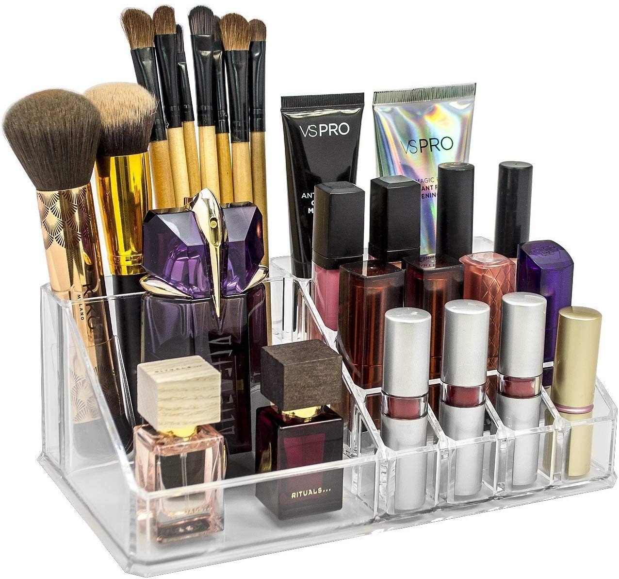 PRUTHA® 16 Grid Clear Acrylic Lipstick Organizer & Nail Polish Holder - 16 Compartment Makeup Storage Box for Lip Gloss, Cosmetics, Jewelry - Perfect for Vanity, Bathroom, and Travel Organization