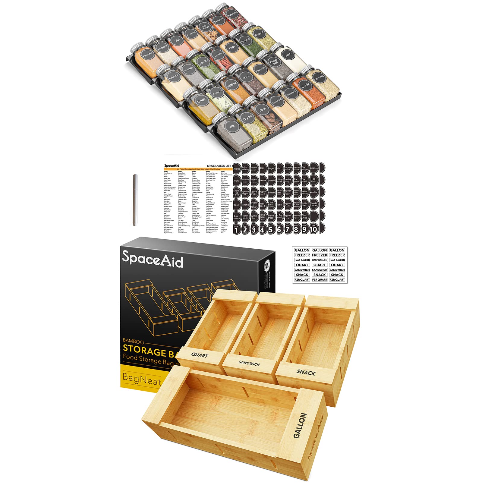 SpaceAid 28-Jar Spice Drawer Organizer with Storage Bags - 4 Pack Set for Kitchen Cabinet & Pantry Organization | Perfect for Home Chefs & Meal Prep Enthusiasts