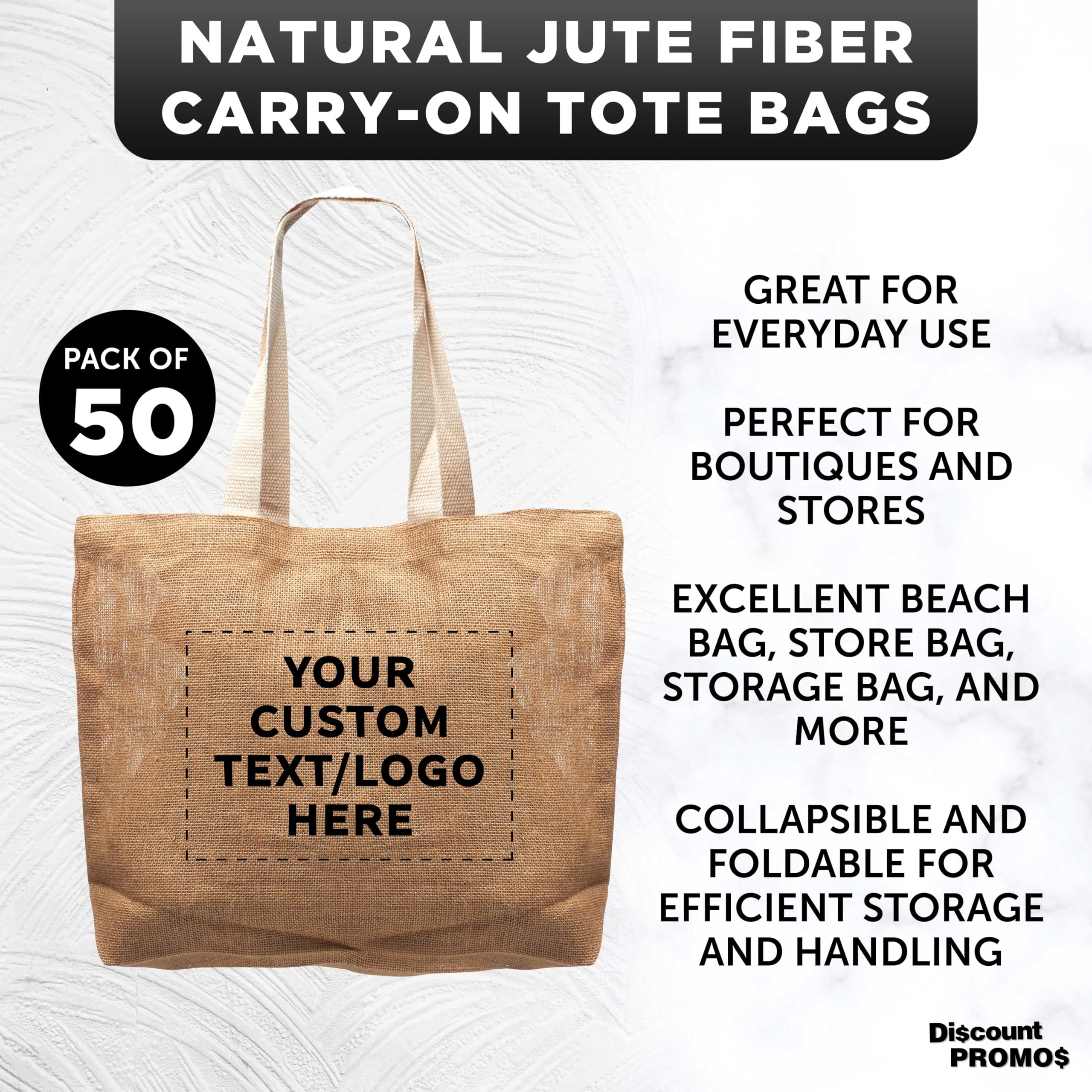 50 Pack Natural Jute Fiber Tote Bags with Custom Text & Logo - Eco-Friendly Reusable Grocery Bags with Sturdy Webbing Handles for Shopping, Beach, Farmers Market & Everyday Use
