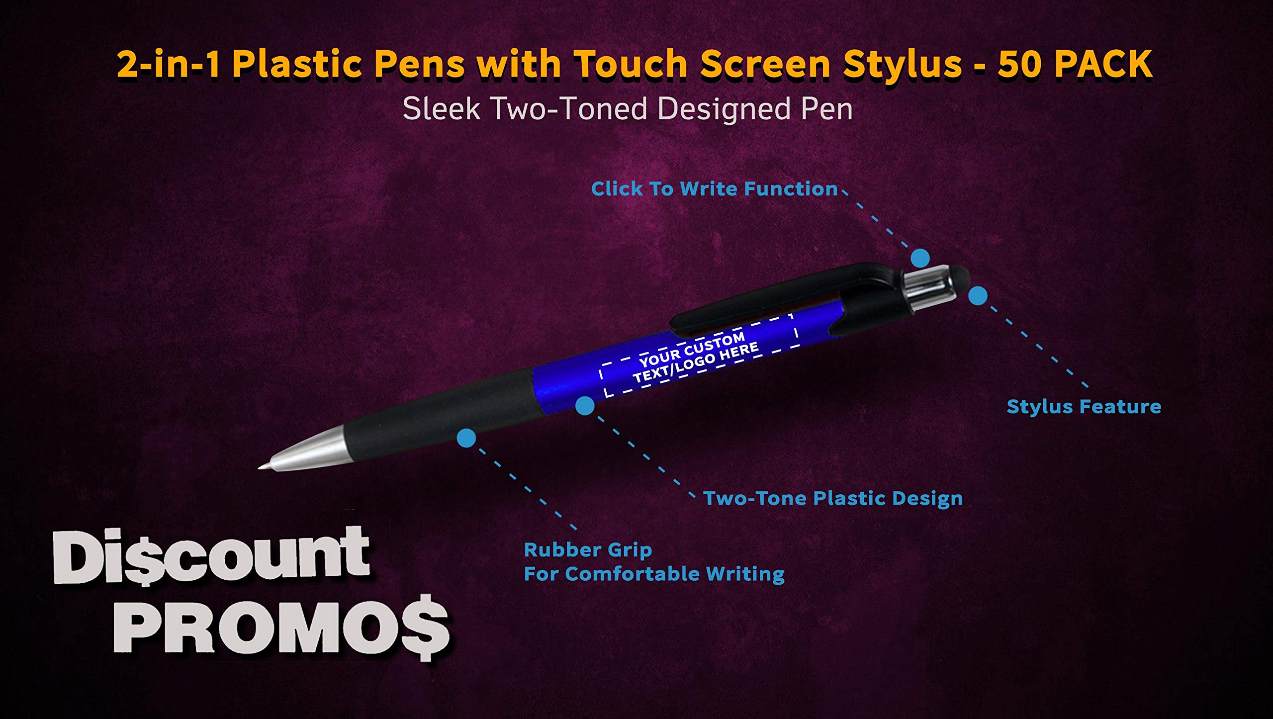 50 Pack Touch Screen Stylus Pens - Customizable Text & Logo - Metallic Blue Plastic Pens for Office, School & Digital Note Taking