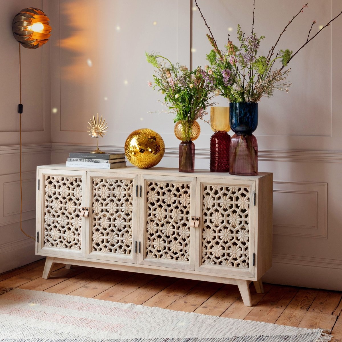 Hand Carved Whitewashed Wooden Sideboard with Four Doors - Rustic Farmhouse Buffet Cabinet for Dining Room Storage & Decor
