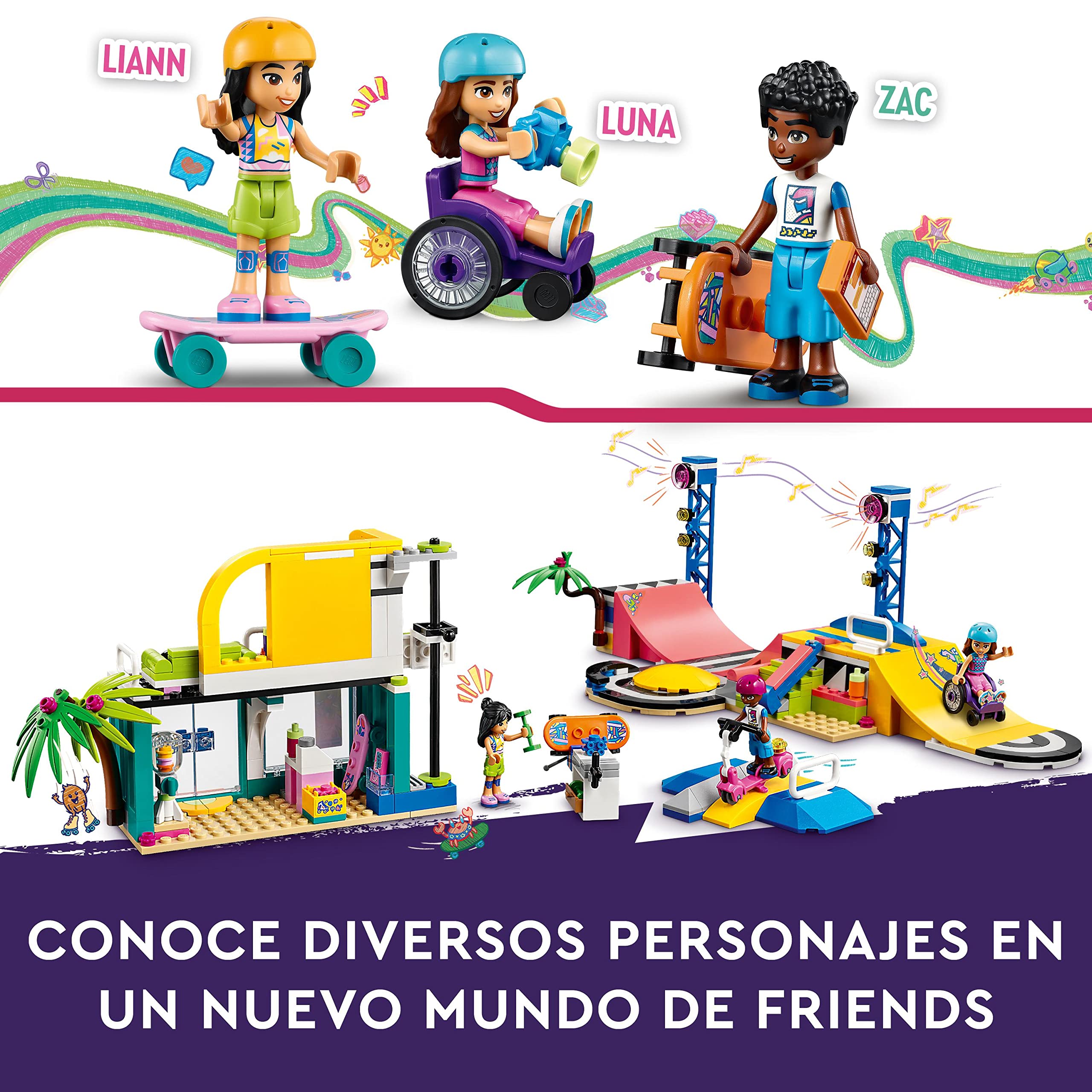 LEGO 41751 Friends Skate Park Building Toy Set for Kids Ages 6+ with Skateboards, Scooter & Wheelchair, 3 Mini Dolls & 2023 Characters – Creative Play for Girls and Boys – Perfect for Birthday Gifts & Indoor Activities