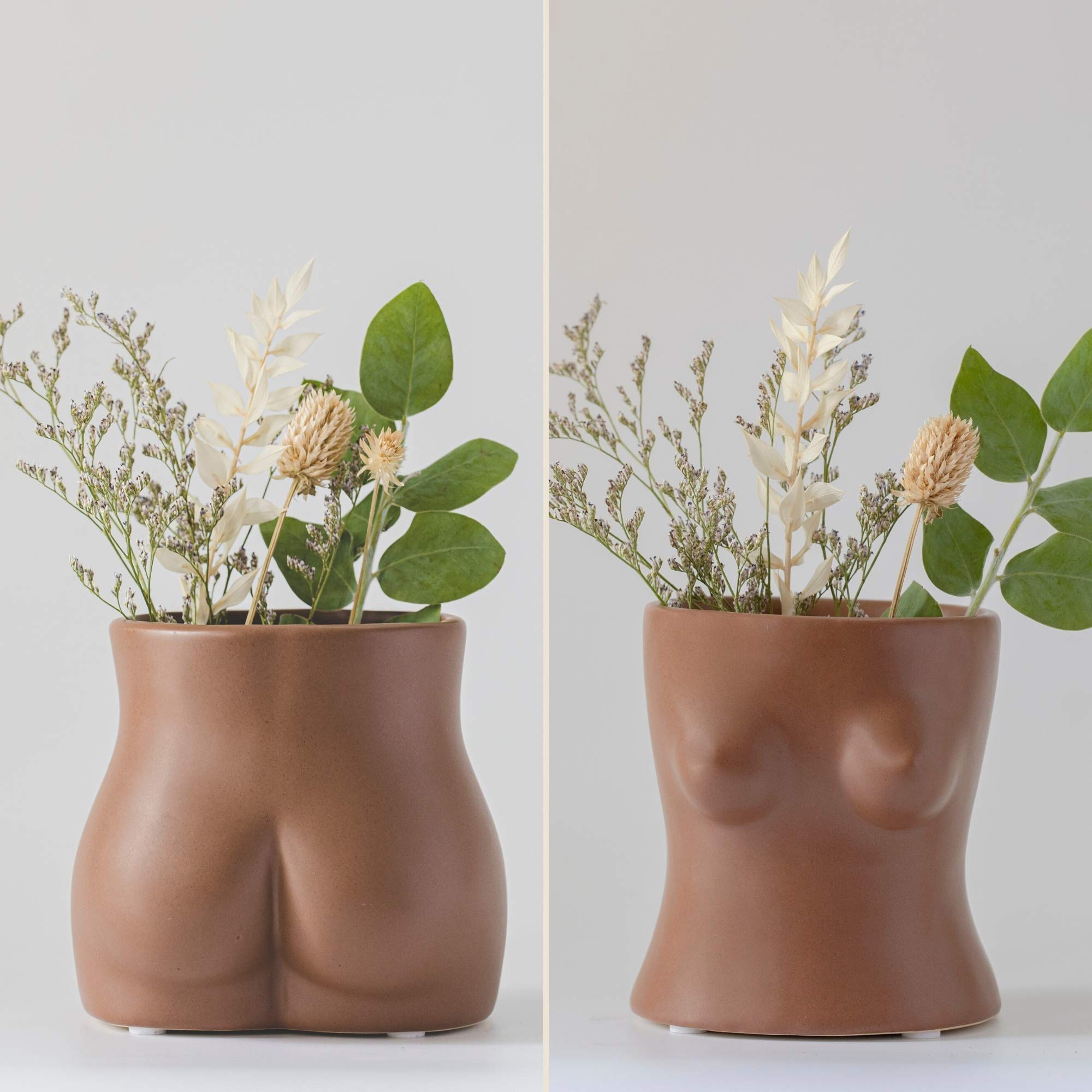 Ceramic Female Body Vase - Modern Boho Butt & Boob Planter with Drainage Hole for Flowers | Speckled Matte Brown Cheeky Indoor Plant Pot | Perfect for Home Decor, Office Desk & Gift Ideas