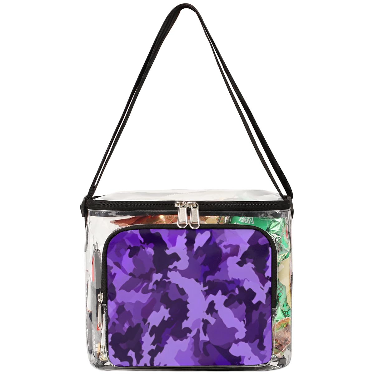 GzLeyigou Camouflage Print Clear Tote Bag with Handles - Purple & Black Camo Transparent Crossbody Shoulder Bag for Lunch, Outdoor, Travel, Picnic, Concerts, Sports Events | Stadium Approved Clear Purse for Women & Men | Perfect for Music Festivals, Beach Days and Shopping Trips