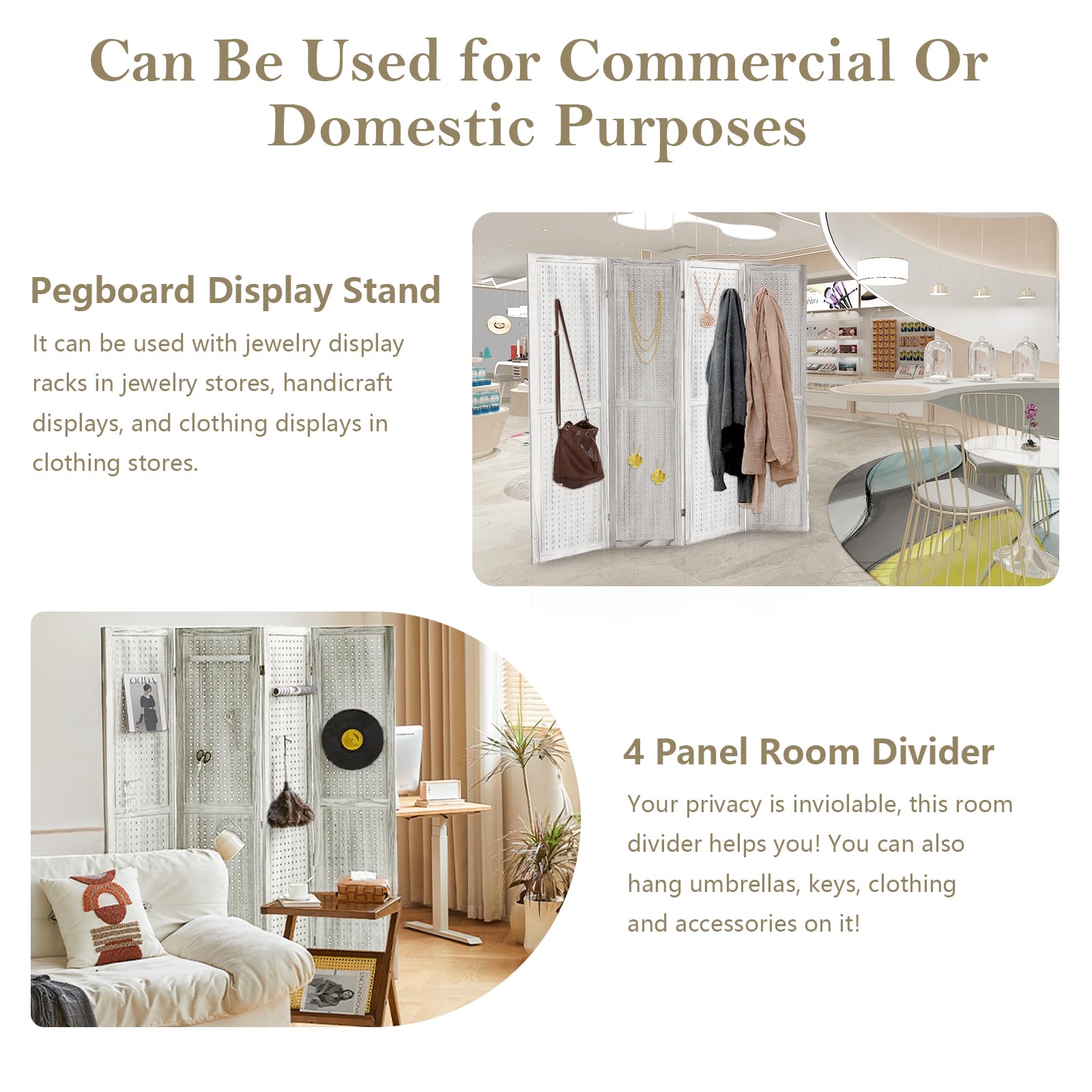 4 Panel Wooden Room Divider - 5.6Ft Folding Privacy Screen & Pegboard Display for Bedroom, Store, Jewelry Organizer | Portable Partition for Home Office, Retail Shop & Event Booth (White)