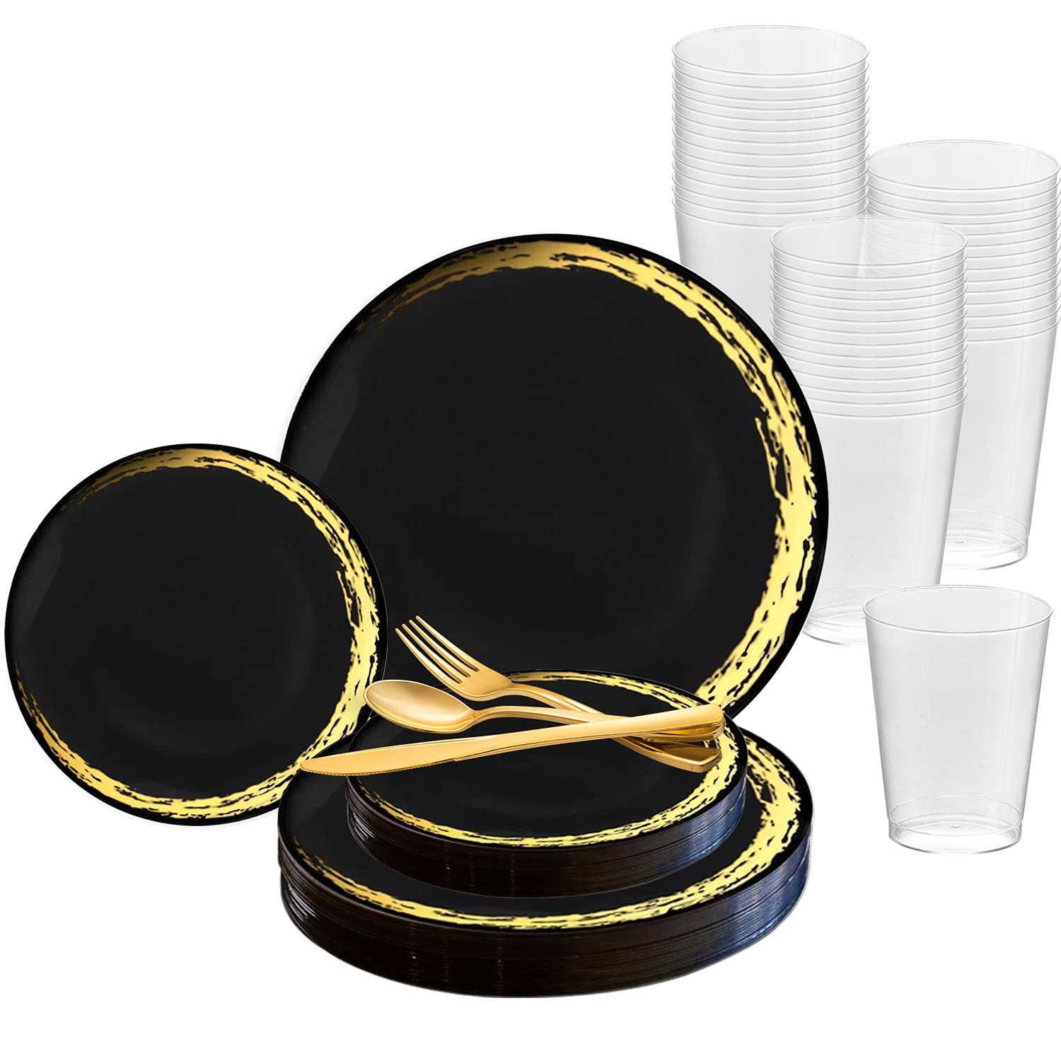 Premium Disposable White Plastic Plates & Silver Moonlight Dinnerware Set - 720 pcs (120 Person) for Parties, Weddings, Catering - Includes Dinner Plates, Salad Dishes, Silver Cutlery (Spoon, Fork, Knife) & Clear Cups - Elegant Black & Gold Design