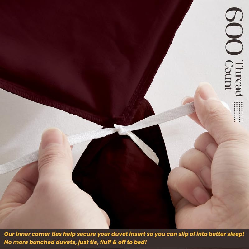 Luxury 3-Piece Queen Size Duvet Cover Set - 600 Thread Count Egyptian Cotton Bedding with Zipper Closure & Corner Ties | Ultra Soft, Cooling & Breathable Comforter Cover + 2 Pillow Shams | Burgundy Red | Perfect for Master Bedroom, Guest Room & Hotel Use