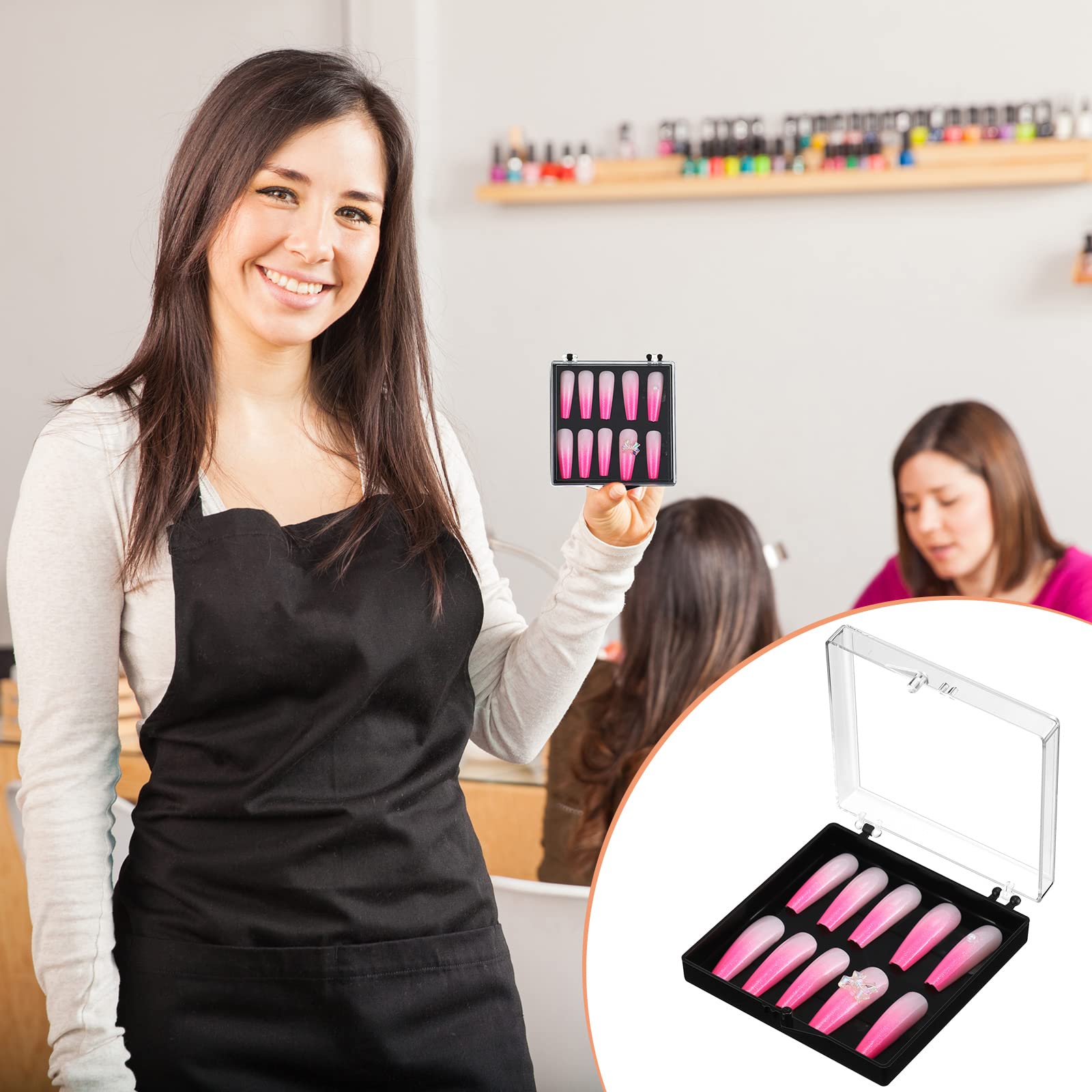 Landhoow 15 Pcs Press On Nail Boxes - Nail Display Case with 30 Adhesive Tapes, Artificial Press On Nail Container, Acrylic Storage Organizer (Black) - Perfect for Salon, Nail Art Business & Home Manicure Organization