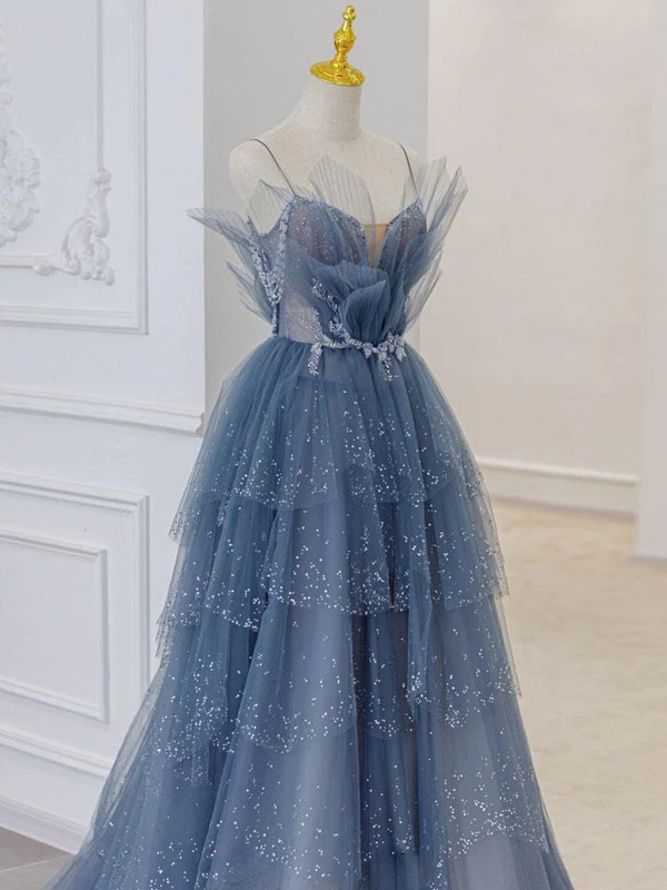 Elegant Blue Tulle Sequin Beaded Long Prom Dress for Sweet 16 Birthday Party | Formal Ball Gown J4363 | Perfect for Quinceañera, Homecoming, and Evening Galas