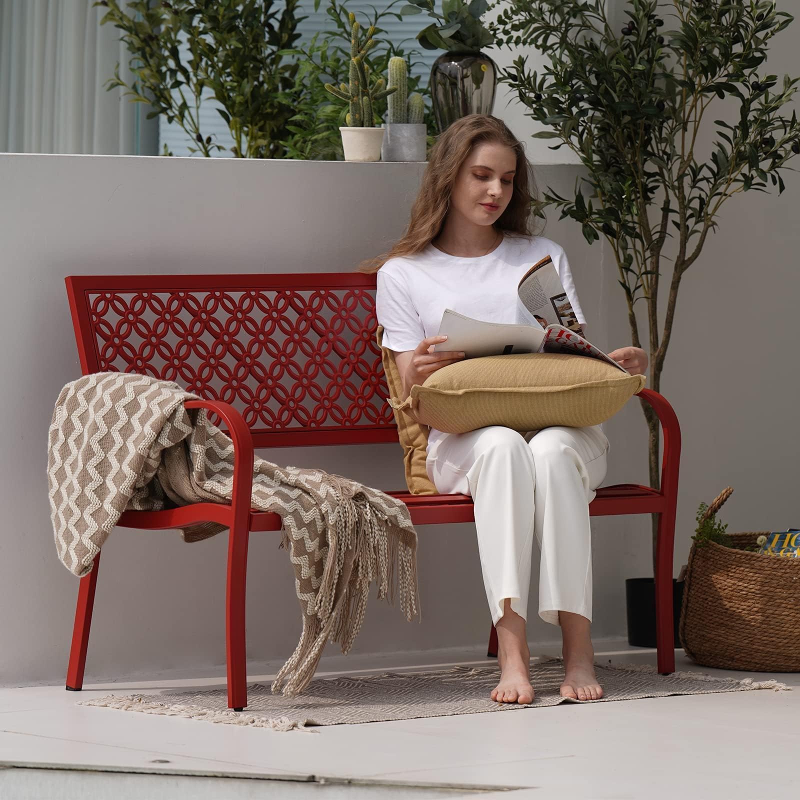 Grand Patio Garden Bench - Outdoor Bench with Anti-Rust Powder Coated Metal Frame, Durable Porch & Park Furniture in Cherry Red - Perfect for Backyard, Garden, Deck & Outdoor Decor