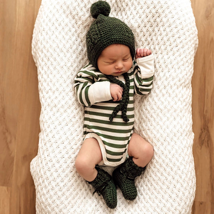 Organic Ribbed Long Sleeve Bodysuit for Women - Snuggle Hunny Olive Striped Baby Onesie | Soft & Comfortable Outfit for Newborns, Infants & Toddlers | Perfect for Playdates, Family Photos & Everyday Wear