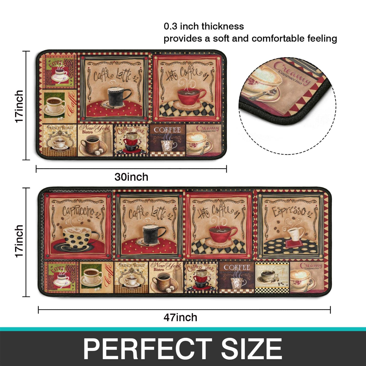 2-Piece Non-Slip Washable Kitchen Rug Set - Absorbent Microfiber Coffee Themed Decor Mats (17