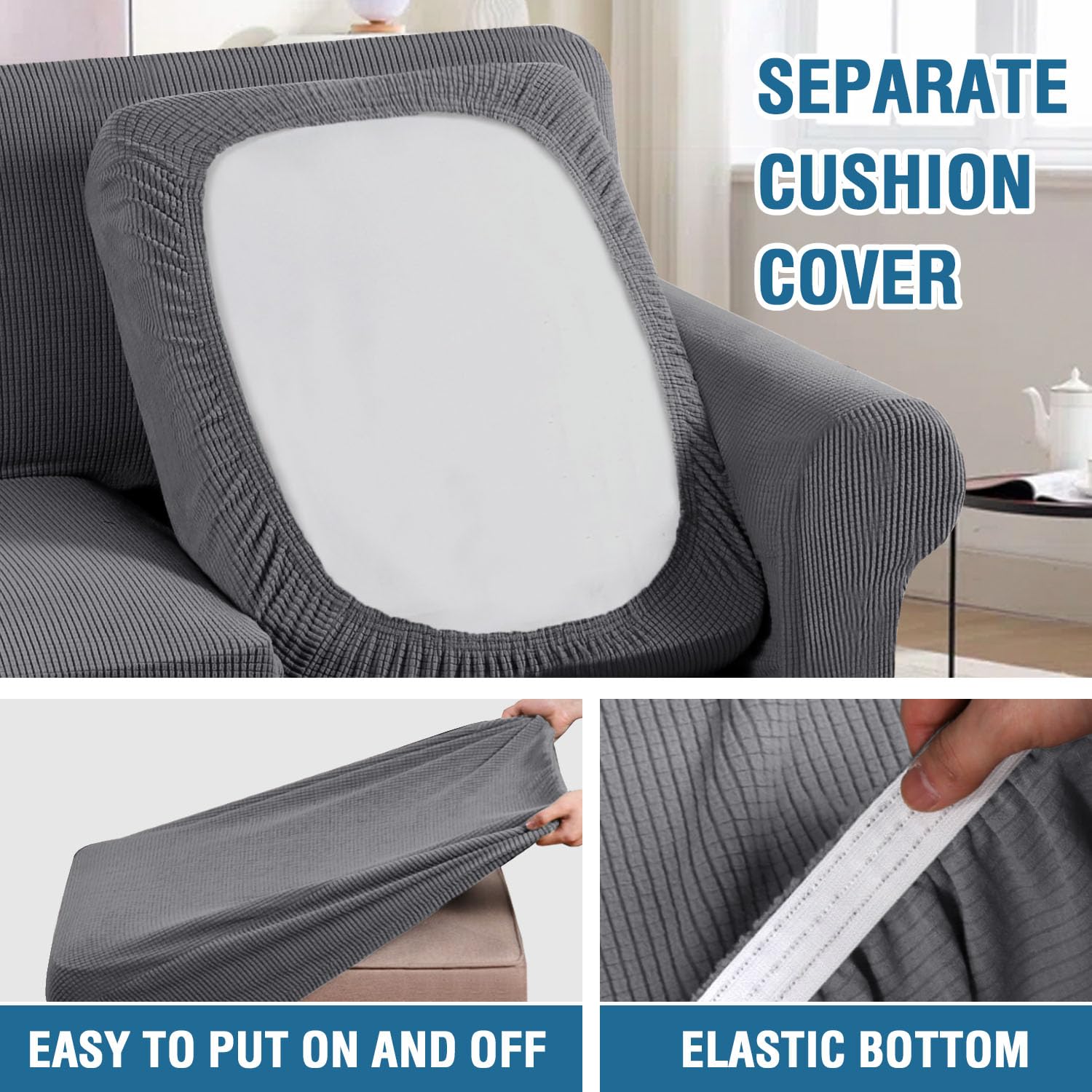 H.VERSAILTEX 4-Piece Stretch Sofa Cover Set - Jacquard Fabric Couch Covers for 3-Cushion Sofa & 2-Cushion Loveseat, Thick Grey Furniture Protector - Perfect for Living Room, Family Room & Pet-Friendly Homes