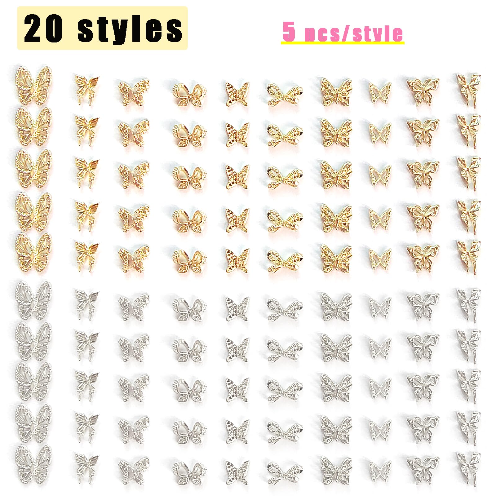 100 PCS 3D Butterfly Nail Charms - Gold & Silver Nail Art Decorations for Acrylic Nails, Manicure Designs | Perfect for DIY Nail Art, Salon Professionals, and Special Occasions