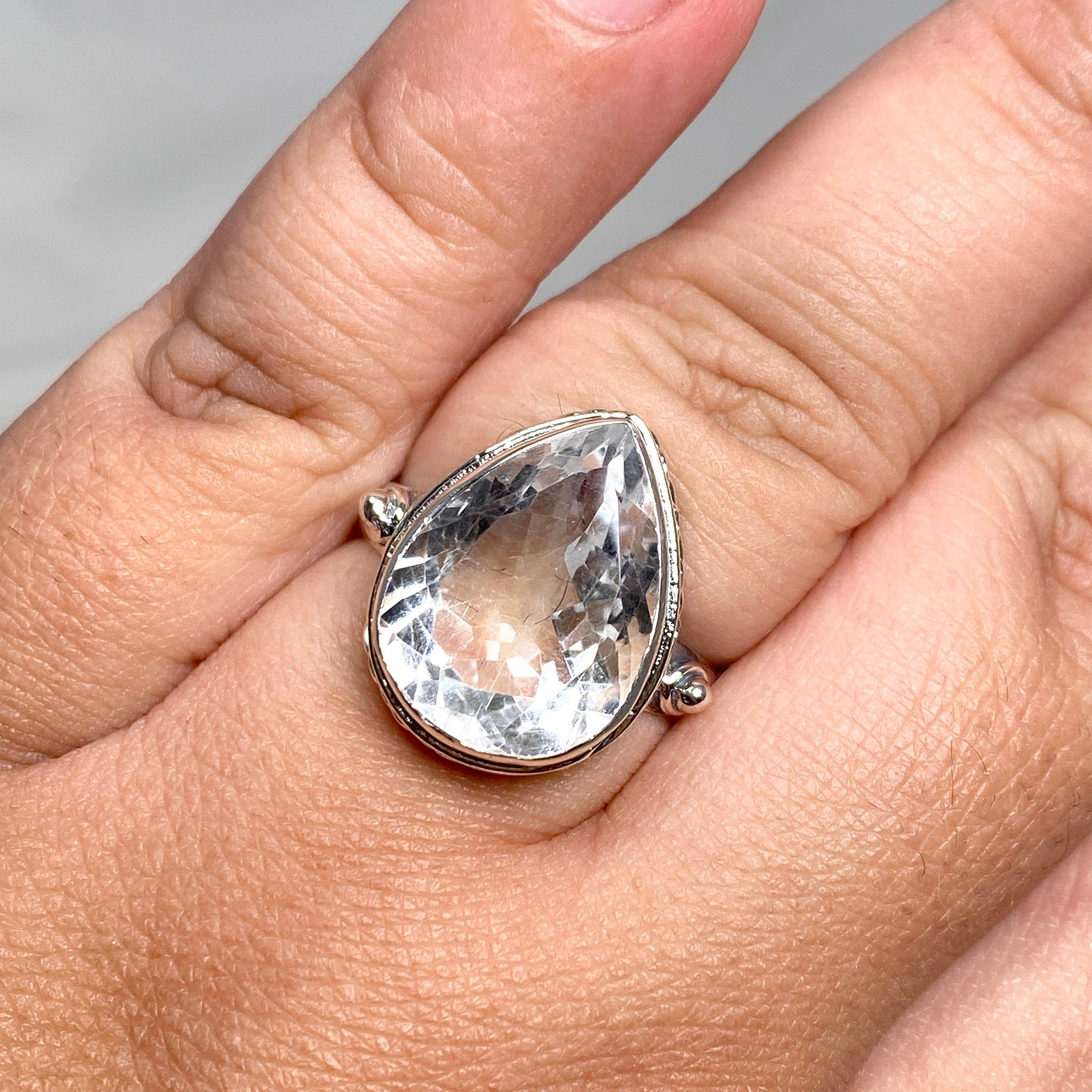 Clear Quartz Faceted Teardrop Ring in Decorative Setting R3817 - Elegant Crystal Jewelry for Women, Perfect for Weddings, Parties & Special Occasions