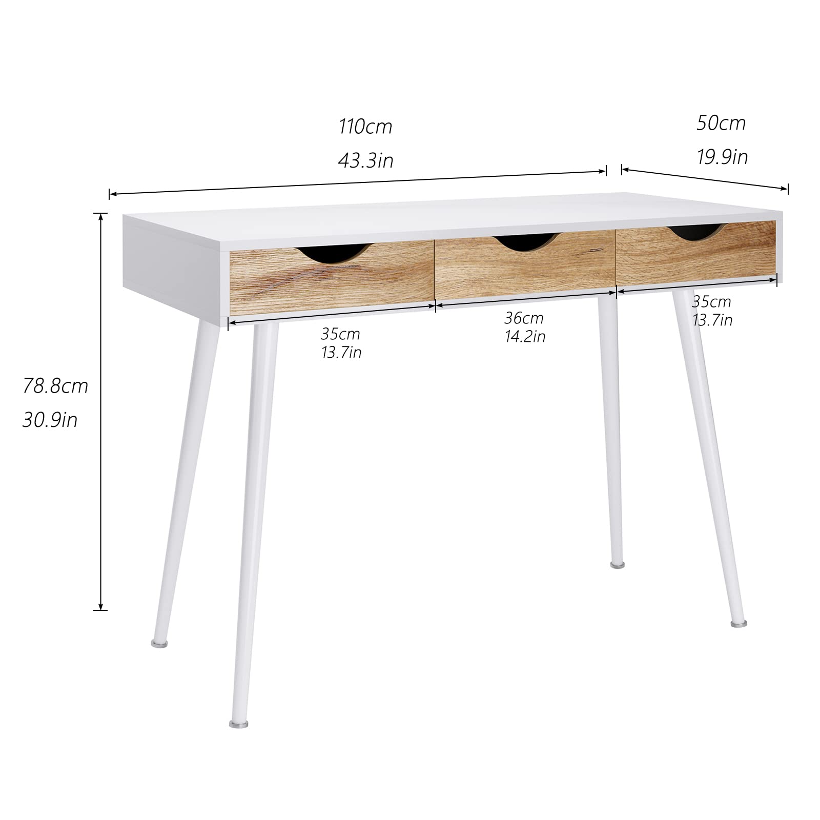 Mid Century Modern Computer Desk with 3 Drawers - 43 Inch Office Writing Desk, Study Table & Vanity Makeup Desk for Home Office, Bedroom or Dorm Room | Sturdy Workstation for Remote Work, Online Classes & Beauty Routine