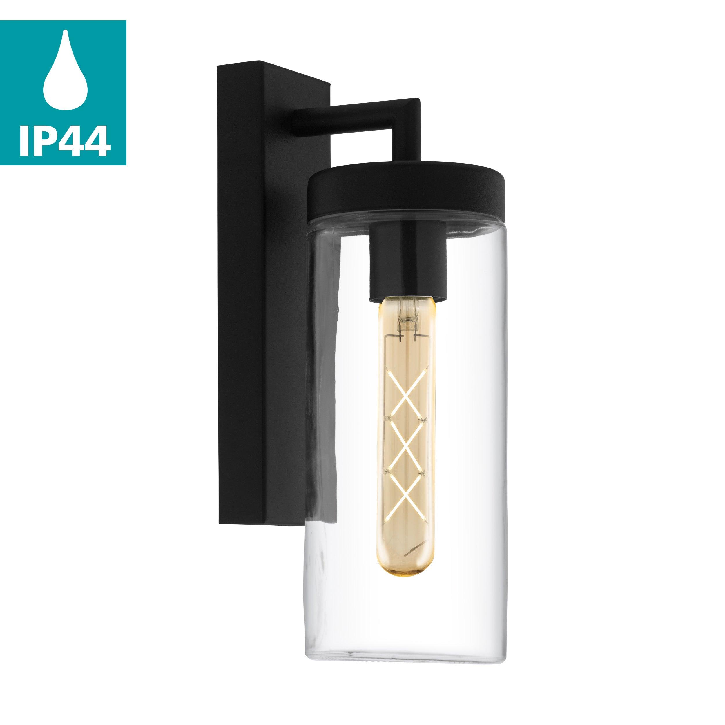 Eglo Bovolone IP44 Black Outdoor Wall Light with Glass Shade - Weatherproof Exterior Lighting for Patio, Garden, and Porch