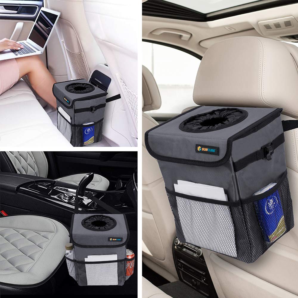 Waterproof Car Trash Can with Lid & Mesh Pockets - Leakproof Hanging Auto Garbage Bin for Car, Truck, SUV | Trash Bag Organizer for Headrest & Console | Perfect for Road Trips, Commuting & Family Travel (Dark Gray)
