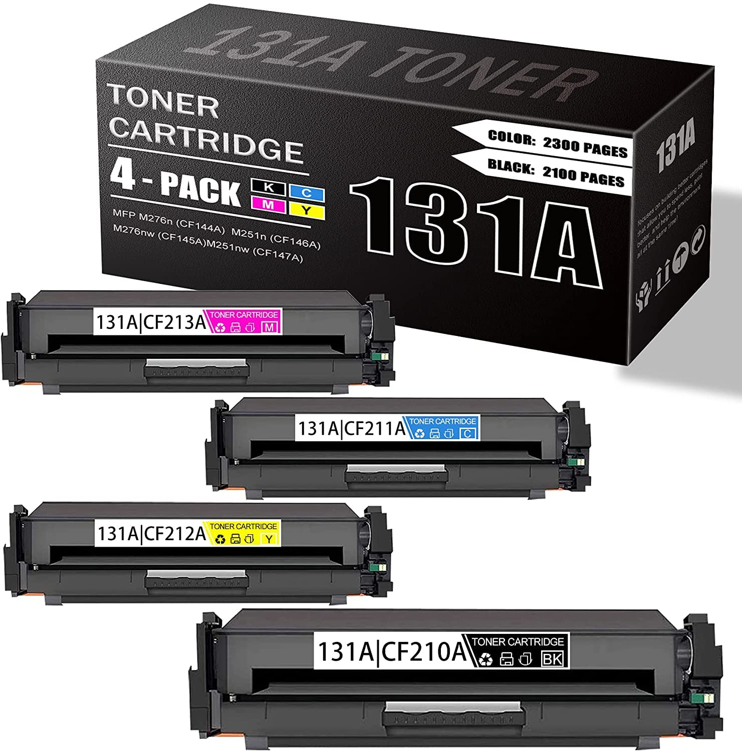 4-Pack (1BK+1C+1M+1Y) High-Yield Compatible 131A Toner Cartridge Replacement for HP MFP M276n/M251n Series (CF210A/CF211A/CF212A/CF213A) - Perfect for Home & Office Printing, Documents, Reports & Presentations