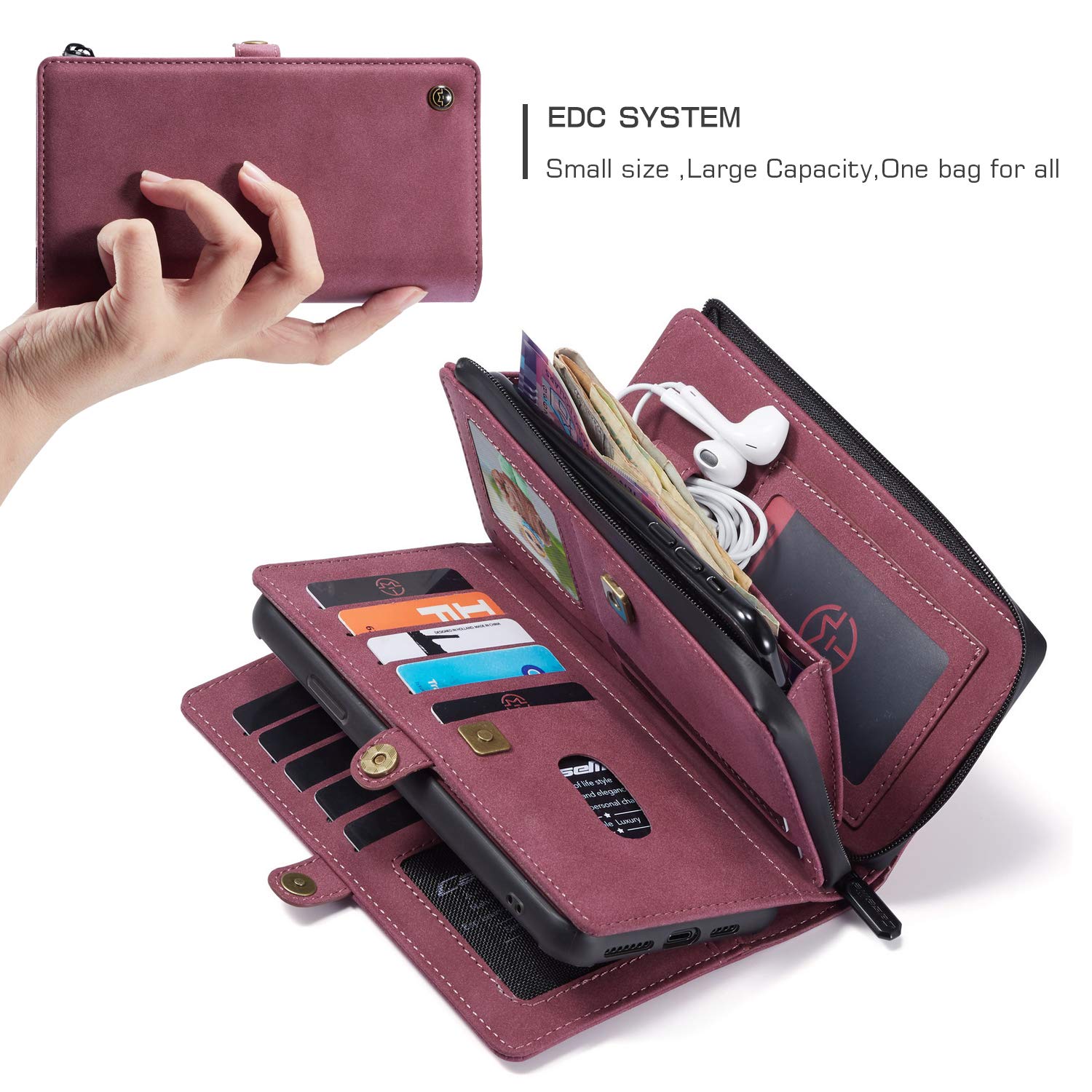 Premium iPhone 11 Pro Max Leather Wallet Case - Detachable Magnetic Zipper Cover with 18 Credit Card Slots, Cash Clip & Wrist Strap | Flip Phone Purse for Men & Women (Red) | Perfect for Travel, Work & Everyday Protection