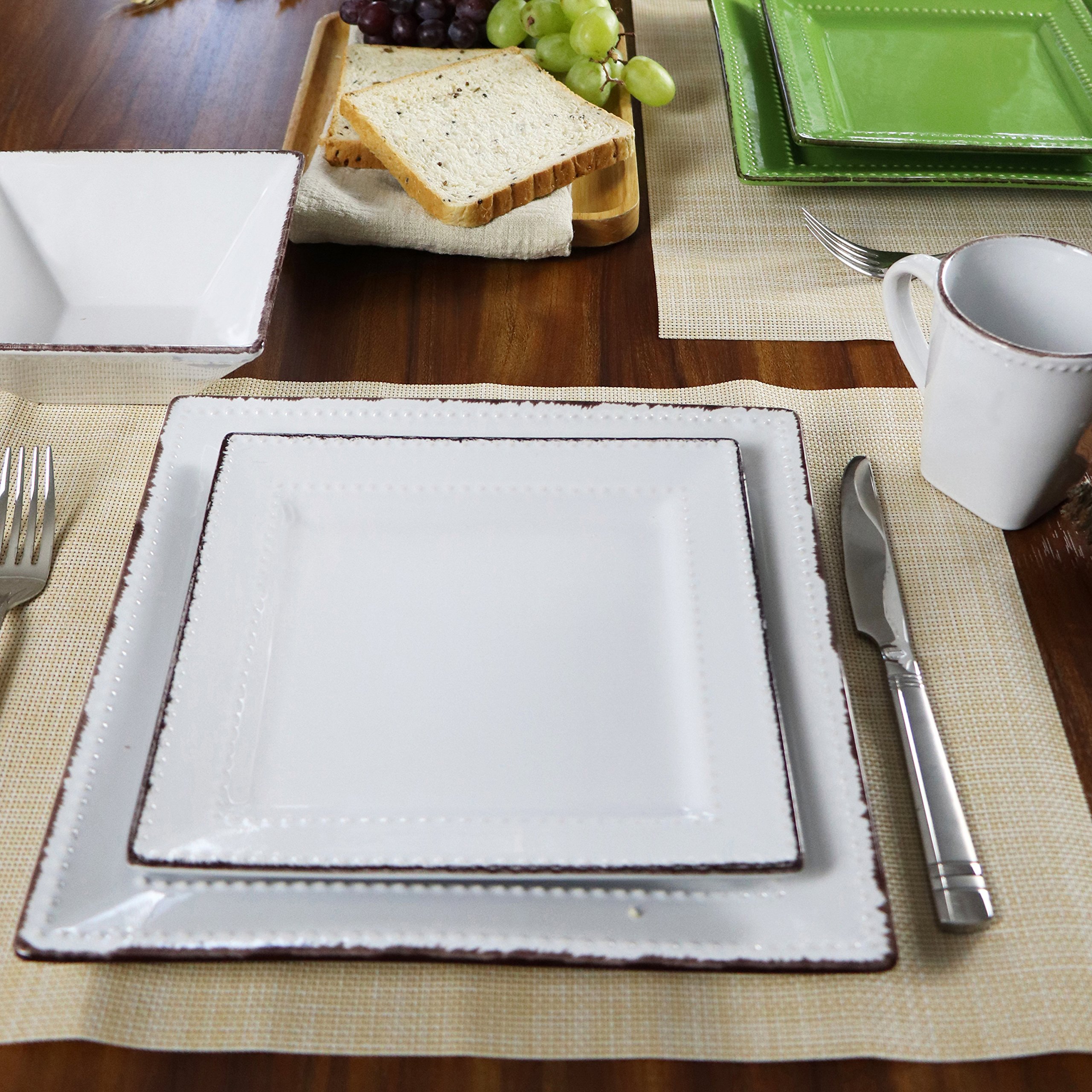 16-Piece Square Beaded Stoneware Dinnerware Set - Elegant White Square Plates & Bowls for Dinner Parties, Weddings & Special Events - Durable Stoneware Dish Set for Hosting, Entertaining & Family Gatherings