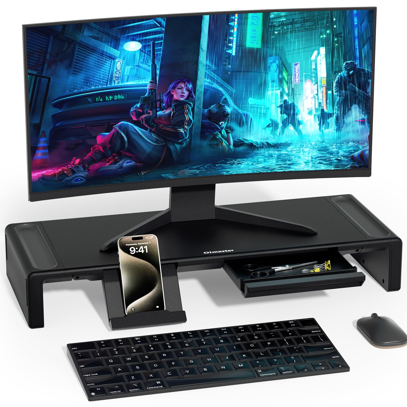 OImaster Adjustable Foldable Monitor Stand Riser with Storage Drawer & Pen Slot - Space Saving Computer Monitor Stand for Desktop, Laptop, Phone - Perfect for Home Office, Gaming Setup & Workspace Organization (Black)