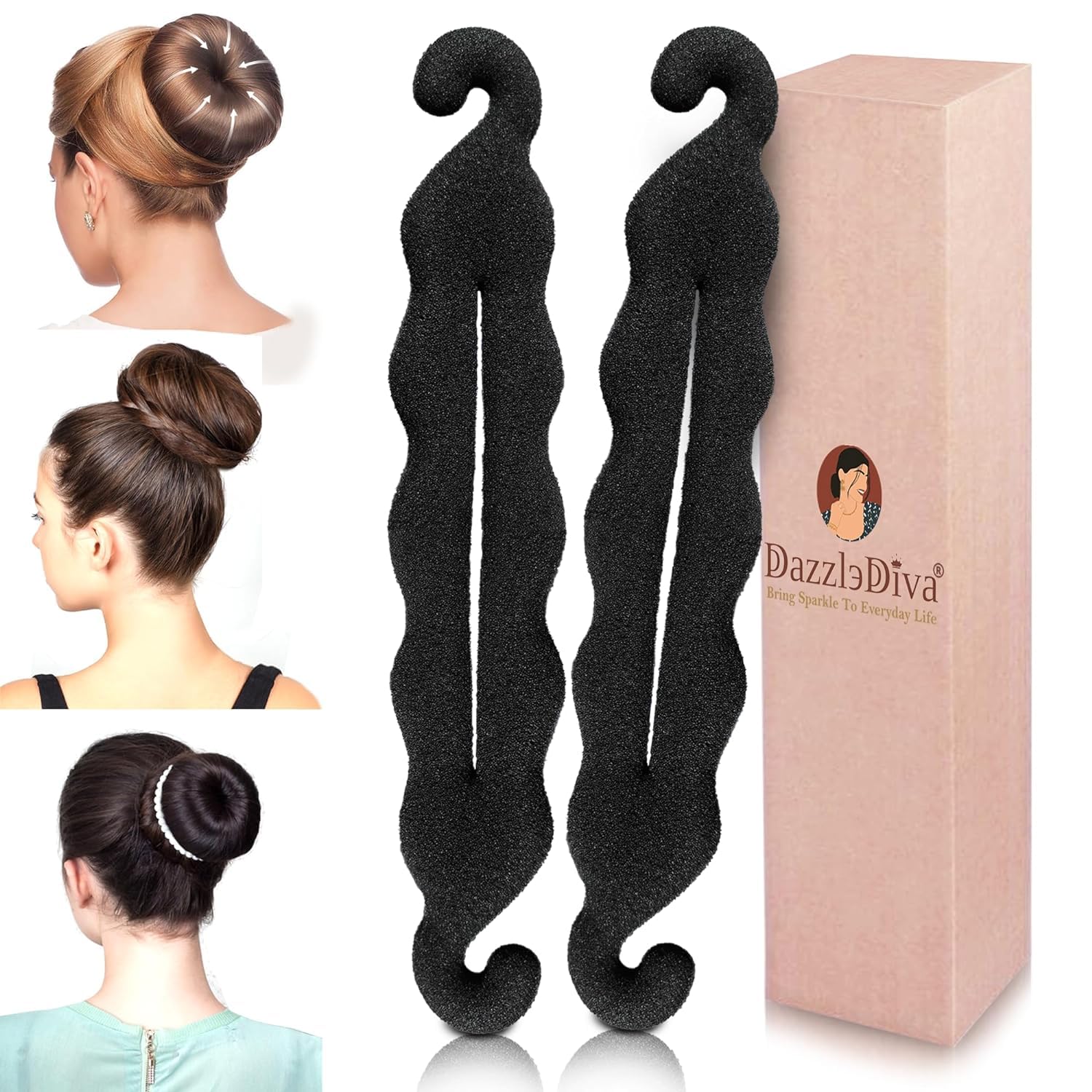 Readaeer Hair Donut Bun Maker - 2 Pack Magic Hair Styler Sponge Curler for Women & Girls (Black) - Perfect for Updos, Ponytails & Stylish Buns at Home or Parties