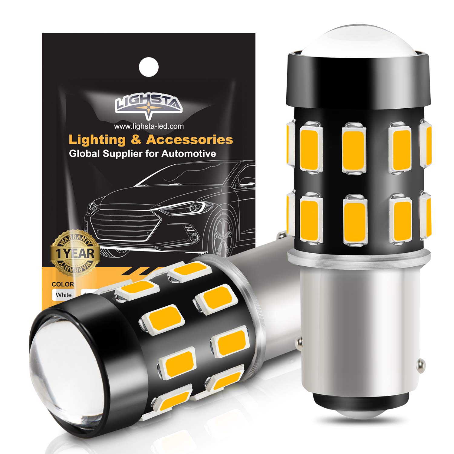 1157 LED Bulbs - Super Bright 24-SMD 9-30V Non-Polarity 2057 2357 7528 1157A BAY15D LED Bulbs with Projector - Amber Yellow (Pack of 2) - Perfect for Turn Signal Blinker Lights, Side Marker Lights, Brake Lights & Tail Lights in Cars, Trucks & Motorcycles