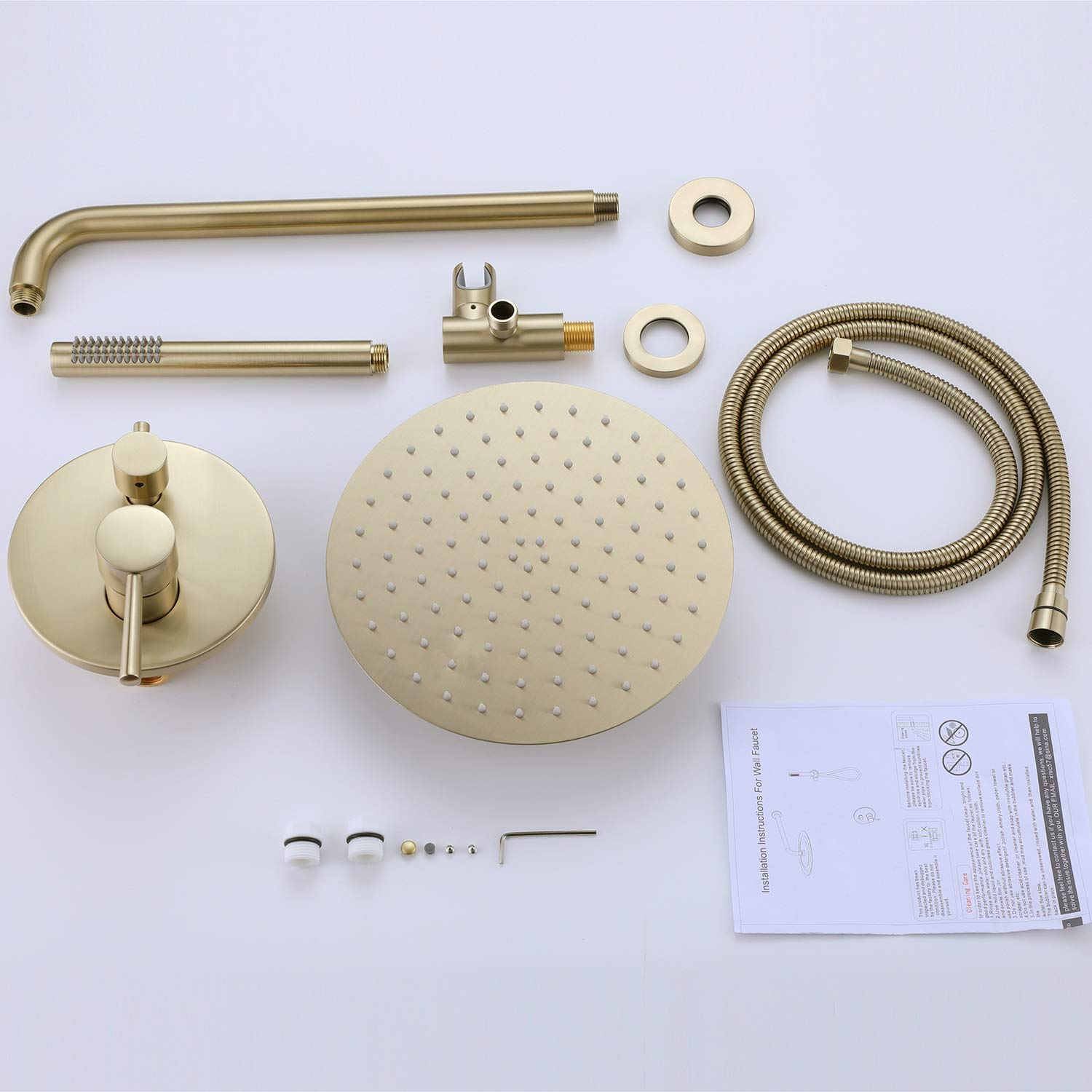 RBROHANT Brushed Gold Shower Faucet Set - 10 Inch Round Rainfall Shower Head with Handheld Spray, Wall Mounted Bathroom Fixture (Includes Rough-in Valve & Trim Kit) for Luxury Spa-Like Shower Experience