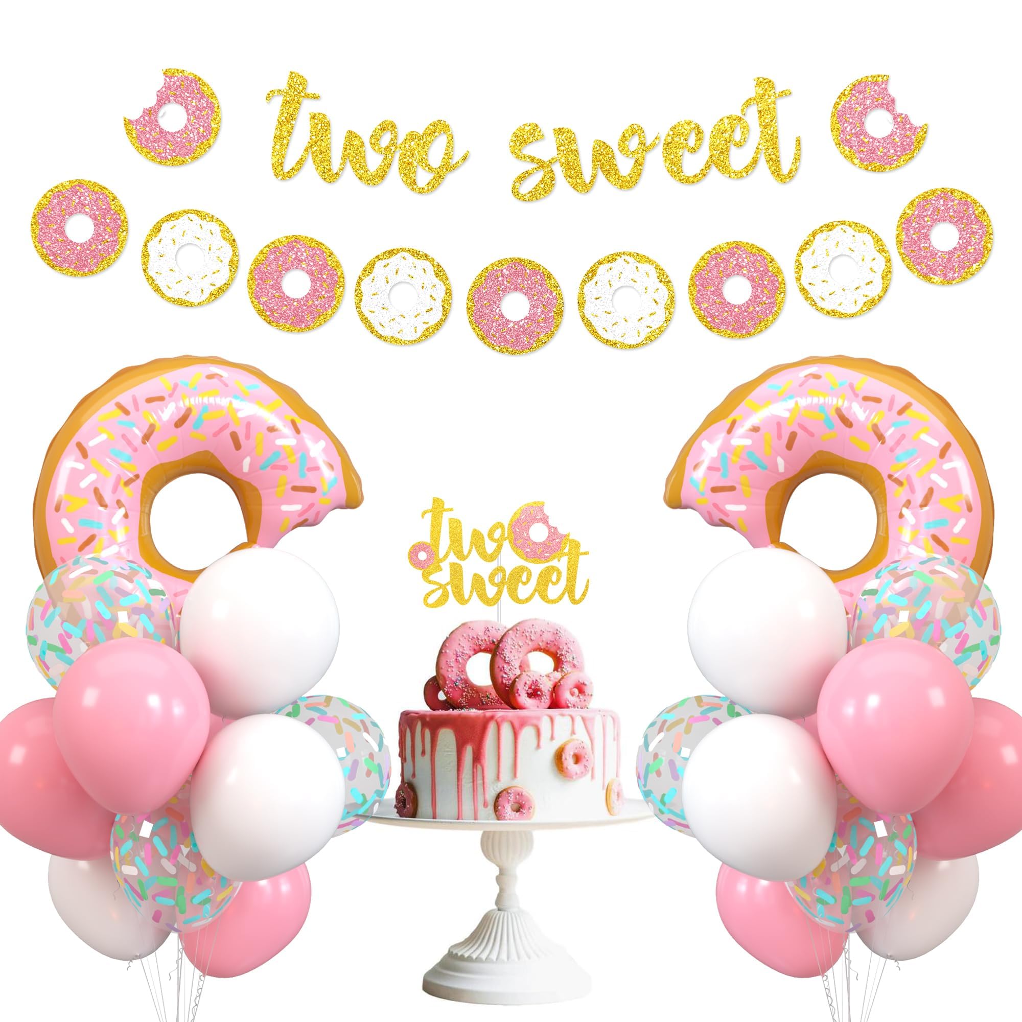 Levfla Sweet Donut Party Decorations - Glitter Doughnut Banner, Cake Topper & Balloons for Baby's 2nd Birthday, Kids Party Favors & Supplies | Perfect for Birthday Cakes, Dessert Tables & Photo Backdrops