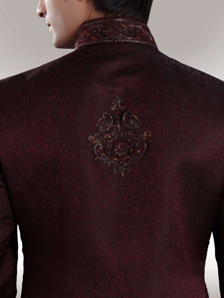 Aziz Groom Dark Maroon Sherwani for Men | Indian Wedding Sherwani Outfit | Elegant Ethnic Wear for Groom, Bridegroom & Wedding Party | Perfect for Indian Weddings, Sangeet & Reception Ceremonies