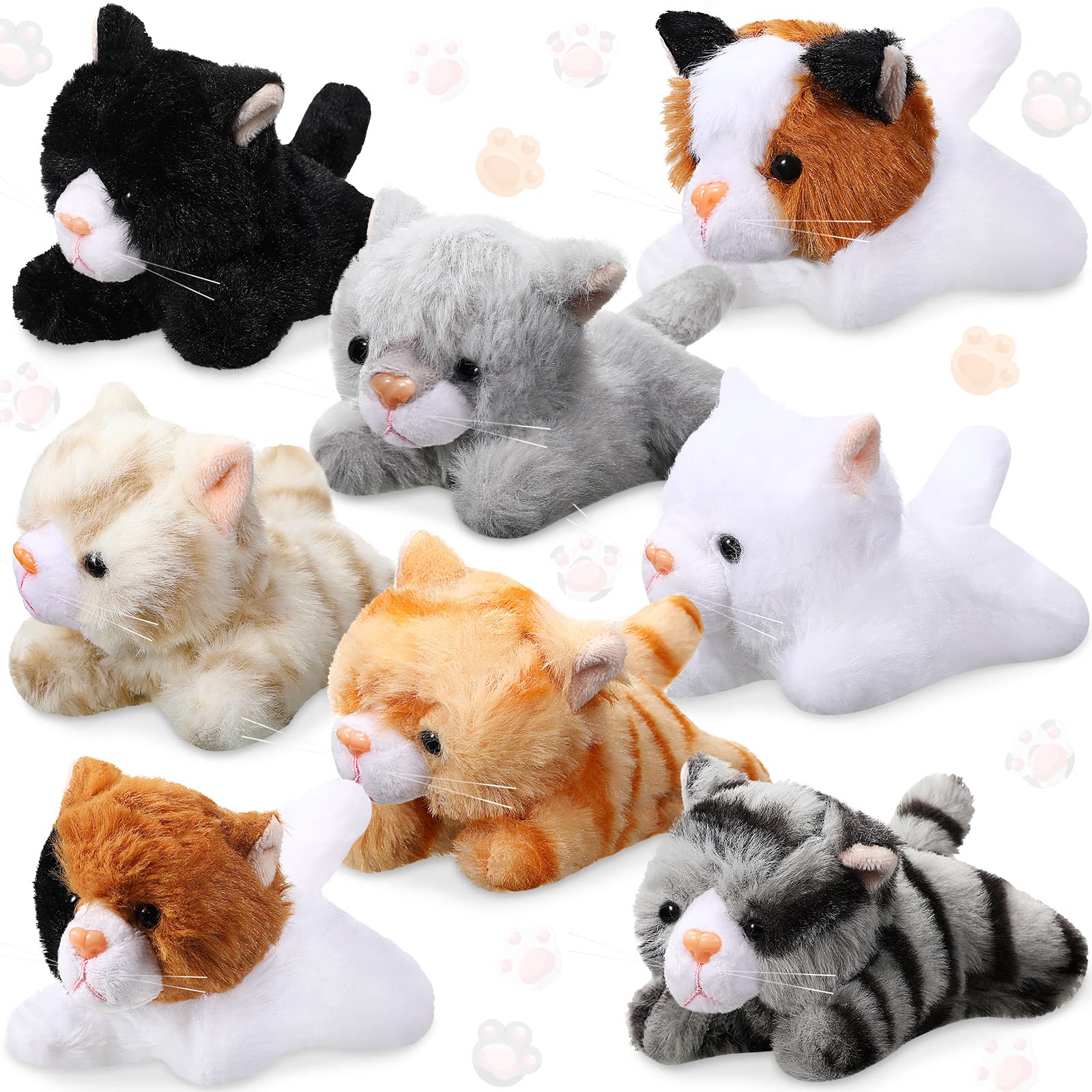8-Piece Plush Pets Set - 5 Inch Cute Stuffed Animals Bulk Assorted for Kids, Halloween Party Favors, Classroom Decor & Pet-Themed Events (Lying Cat Design) - Perfect for Birthday Gifts, School Rewards & Nursery Decorations