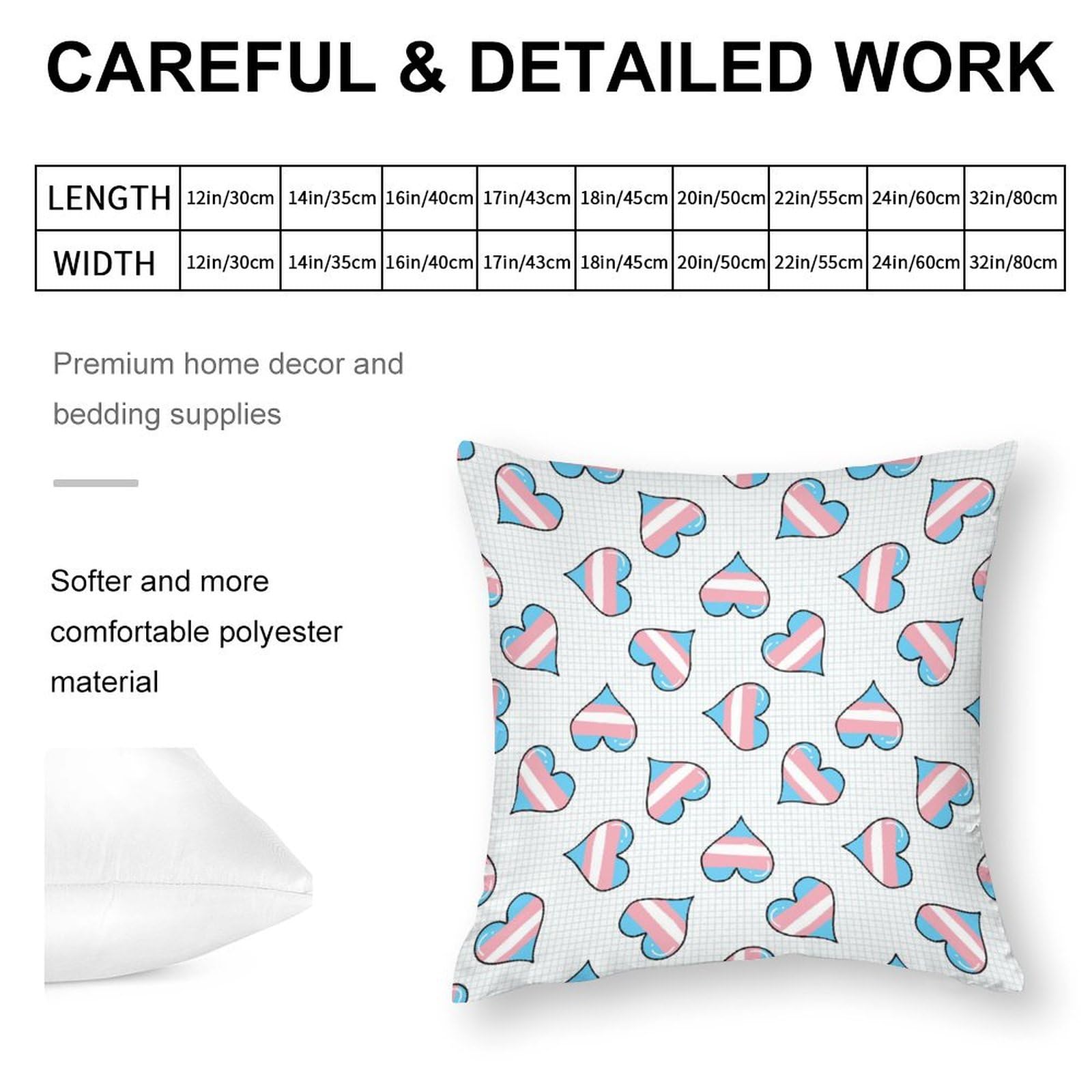 Soft Transgender Heart Polyester Pillow Cases - 14x14 Inch Cushion Covers for Sofa, Bed & Decor - LGBTQ+ Pride Home Accessories for Living Room, Dorm or Gift