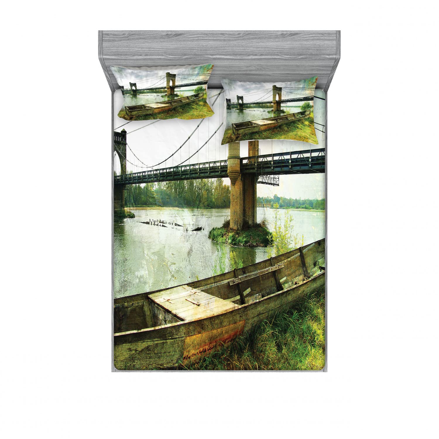 Vintage 2-Piece Queen Size Fitted Sheet & 4 Pillow Sham Set - Ambesonne Bridge and Old Boat Design in Green Grey - Complete 4-PC Bedding Decor for Cozy Bedroom & Guest Room Makeover
