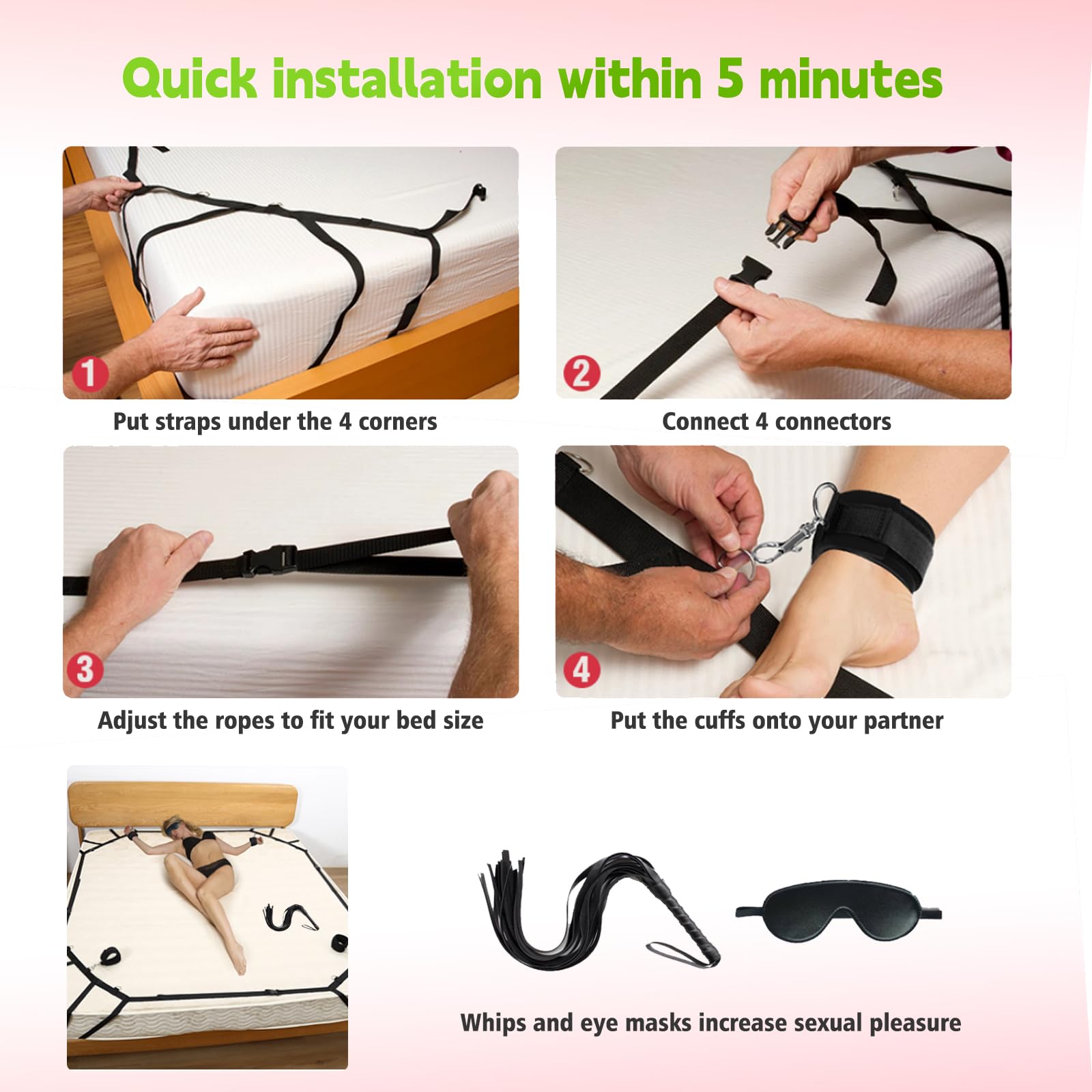 BDSM Bondage Kit for Couples - 10 Piece Restraint Set with Adjustable Wrist & Thigh Cuffs, Whip & Blindfold | Adult Toys for Sensual Play, Bedroom Bondage & Spicing Up Relationships