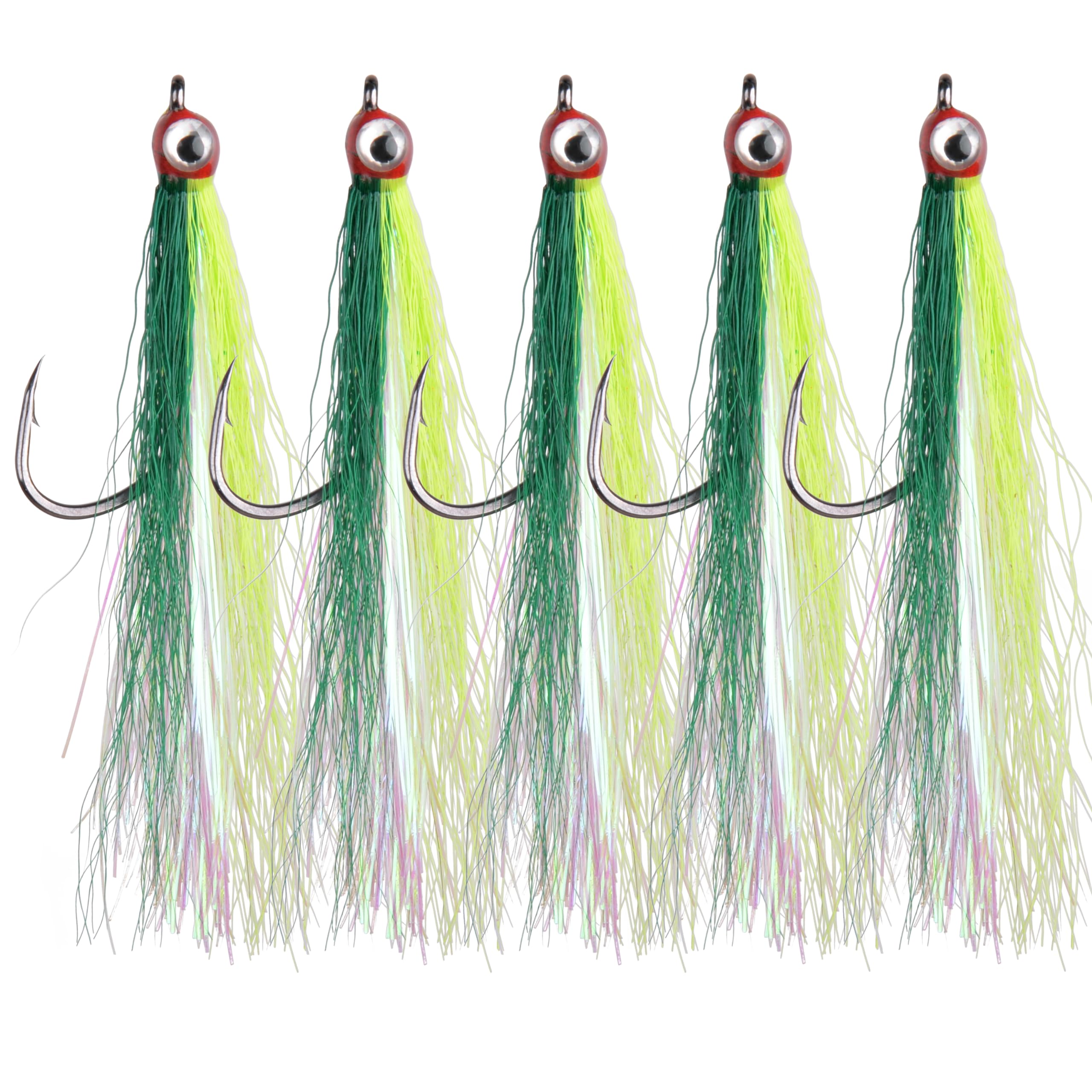 Bucktail Teasers Fishing Hooks with 3D Eyes - 5PCS High Carbon Steel Hooks for Bass & Saltwater Fishing - Premium Mylar Flash Bait Rigs & Fly Fishing Lures - Perfect for Freshwater & Sea Fishing Adventures