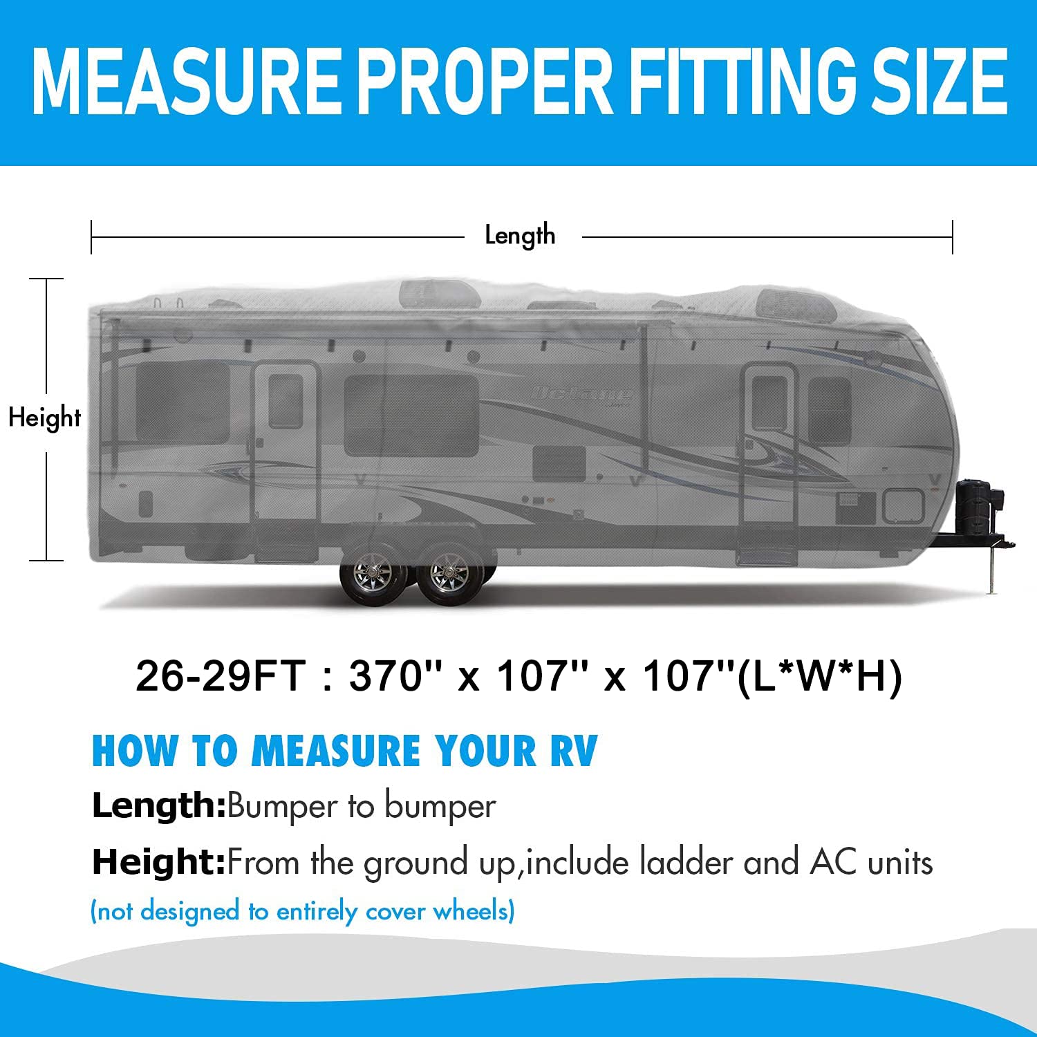 Heavy Duty 420D Ripstop Waterproof RV Cover for 26'-29' Travel Trailers - Oxford Cloth Material with Storage Bag & Windproof Buckles - Perfect for Outdoor Storage, Winter Protection, and Long-Term Vehicle Shelter