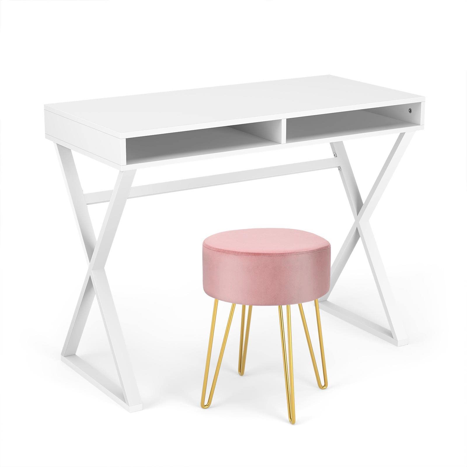 Elegant Vanity Table Set with Velvet Ottoman - Makeup Dressing Desk & Writing Table for Bedroom, Portable Vanity Desk with Side Tables | Perfect for Makeup Application, Skincare Routine & Home Office Workspace