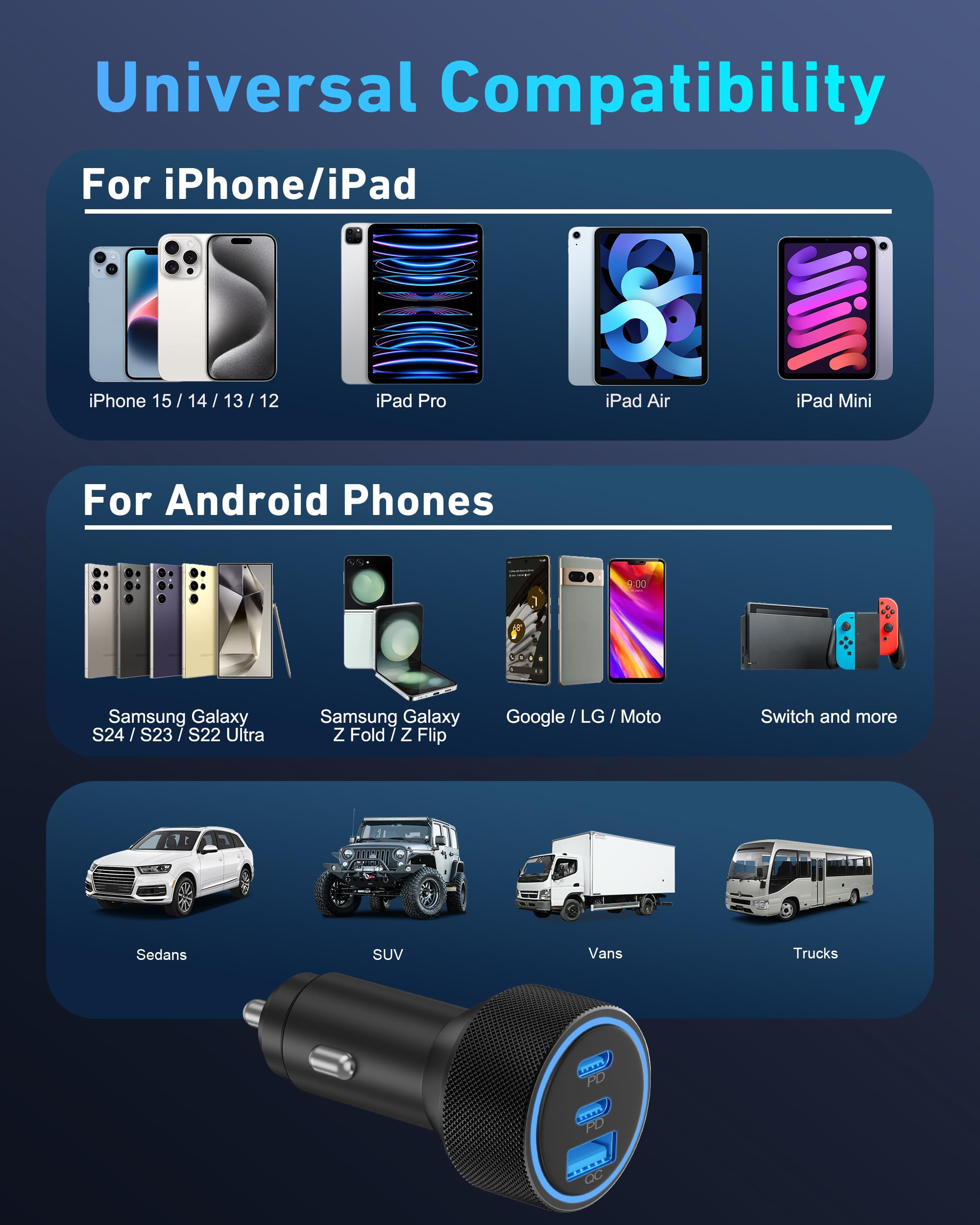 67W 3-Port USB C Car Charger for iPhone, Samsung, Android - Fast Charging On The Go