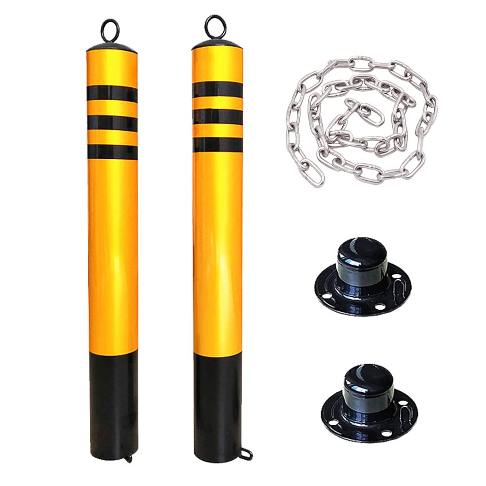 2X Heavy Duty Driveway Safety Barriers with Lock & 3m Chain - Reflective Parking Bollards & Security Posts for Driveways, Parking Lots & Private Roads - Ideal for Home Security, Traffic Control & Property Protection