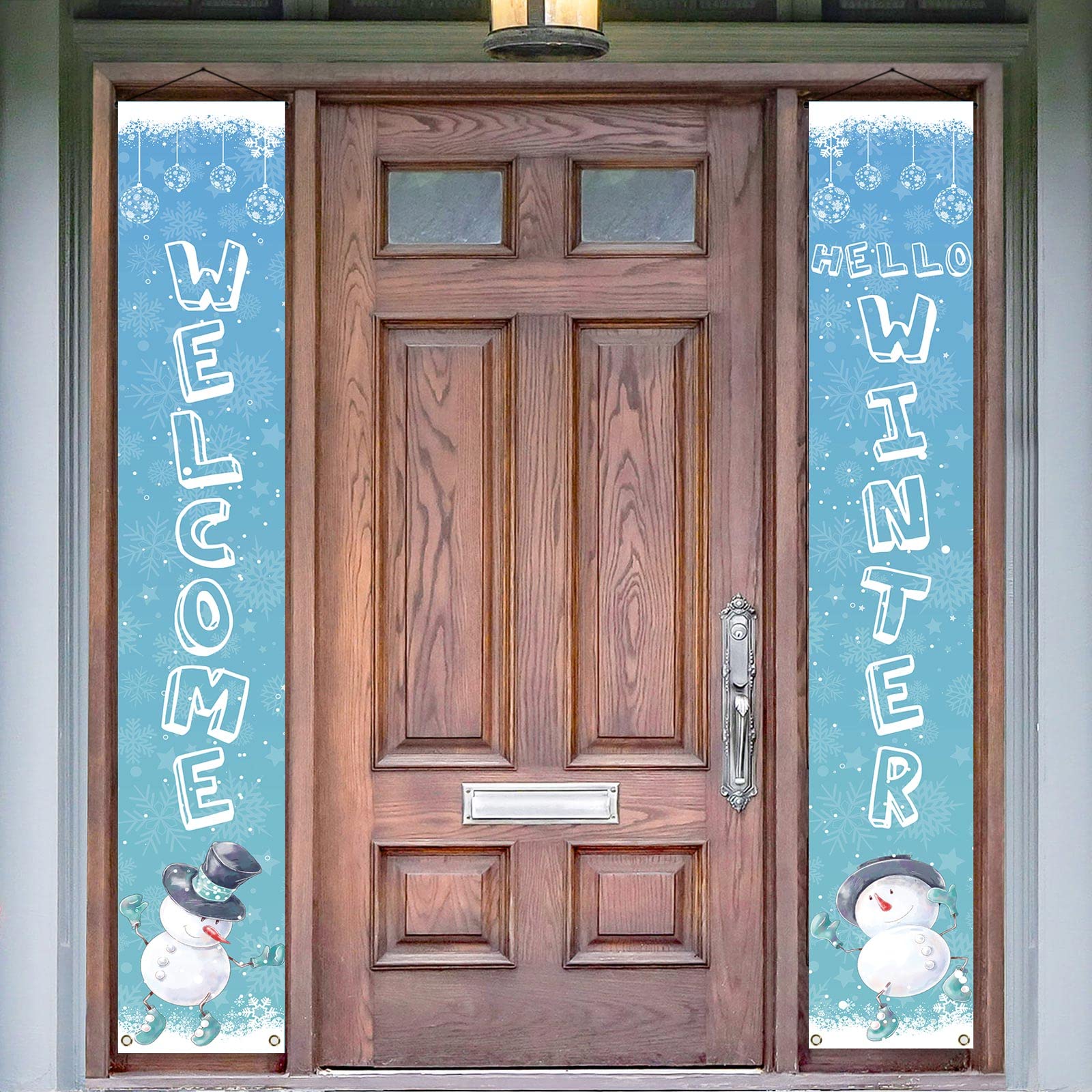 Vohado Winter Snowman Welcome Porch Banner - Christmas Holiday Snowflake Hanging Door Sign, Front Door Decoration, 2PCS Polyester - Perfect for Christmas Party, Front Porch Decor, Holiday Home Decoration